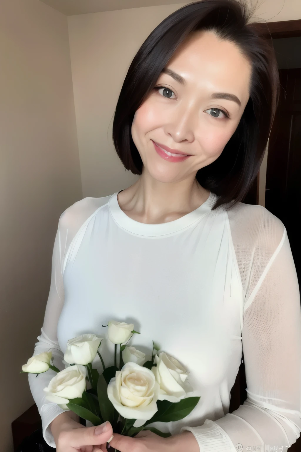 (masterpiece:1.0), (best quality:1.4), (ultra highres:1.2),(8k, RAW photo:1.2), (soft focus:1.4), flower painting in background, pretty, beautiful girl, (38yo:1.3), (sharp focus:1.4),detailed cute face,beautiful white shiny humid skin, eyes on viewer, fine details on background,