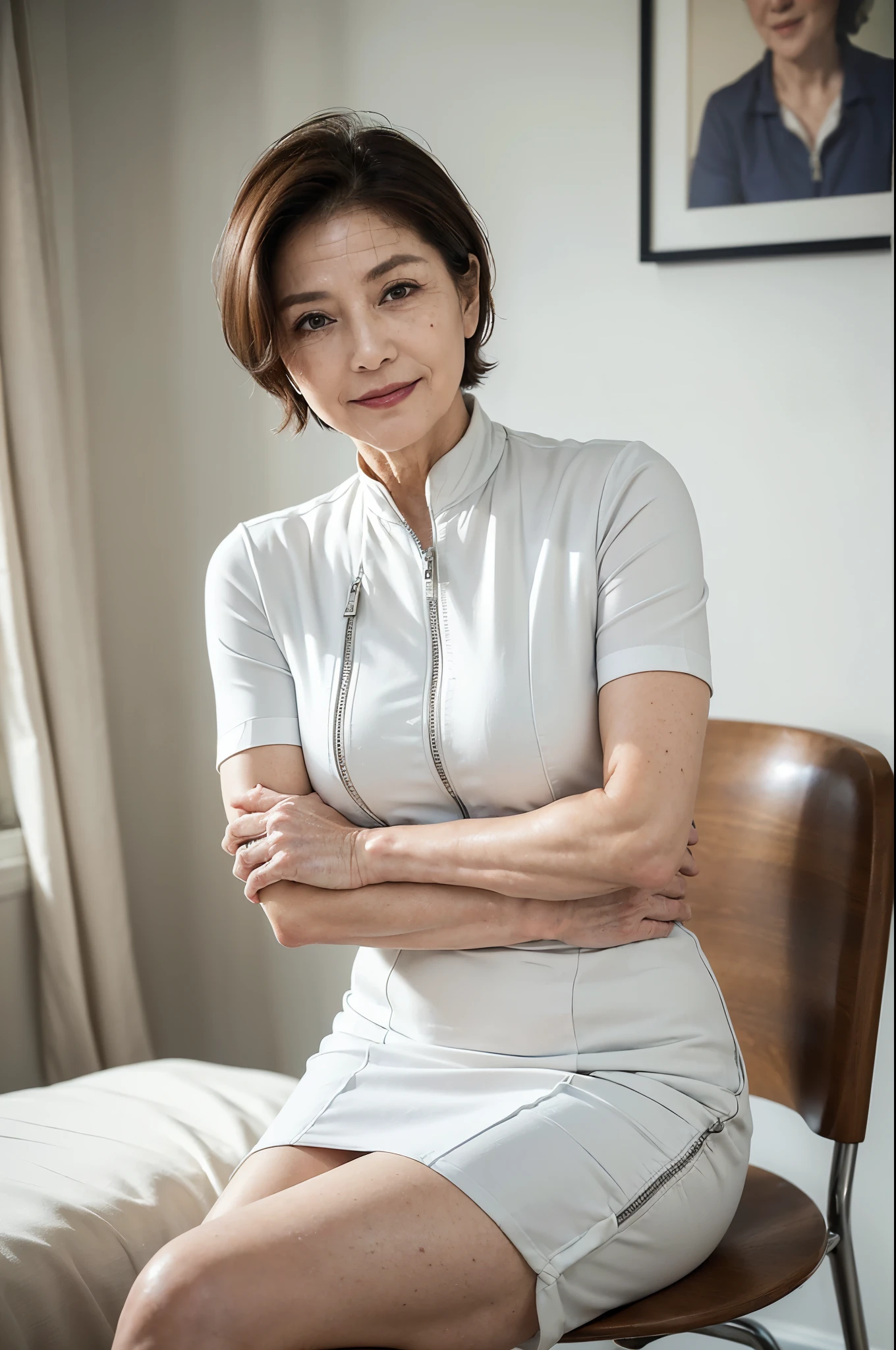 (masterpiece:1.4),(62-year-old woman:1.5),(facial wrinkles 1.2), (short hair), (glare at viewer with despise : 1.1), maternal, Mature Woman, (dressed as a nurse : 1.2), (white Short sleeve uniform of nurse with single front zipper : 1.3), acnes, skin blemishes, fleckles, hospital, bed, (muscular arms : 1.2), (thick arms : 1.2), (arms folded in front : 1.2), bright lighting