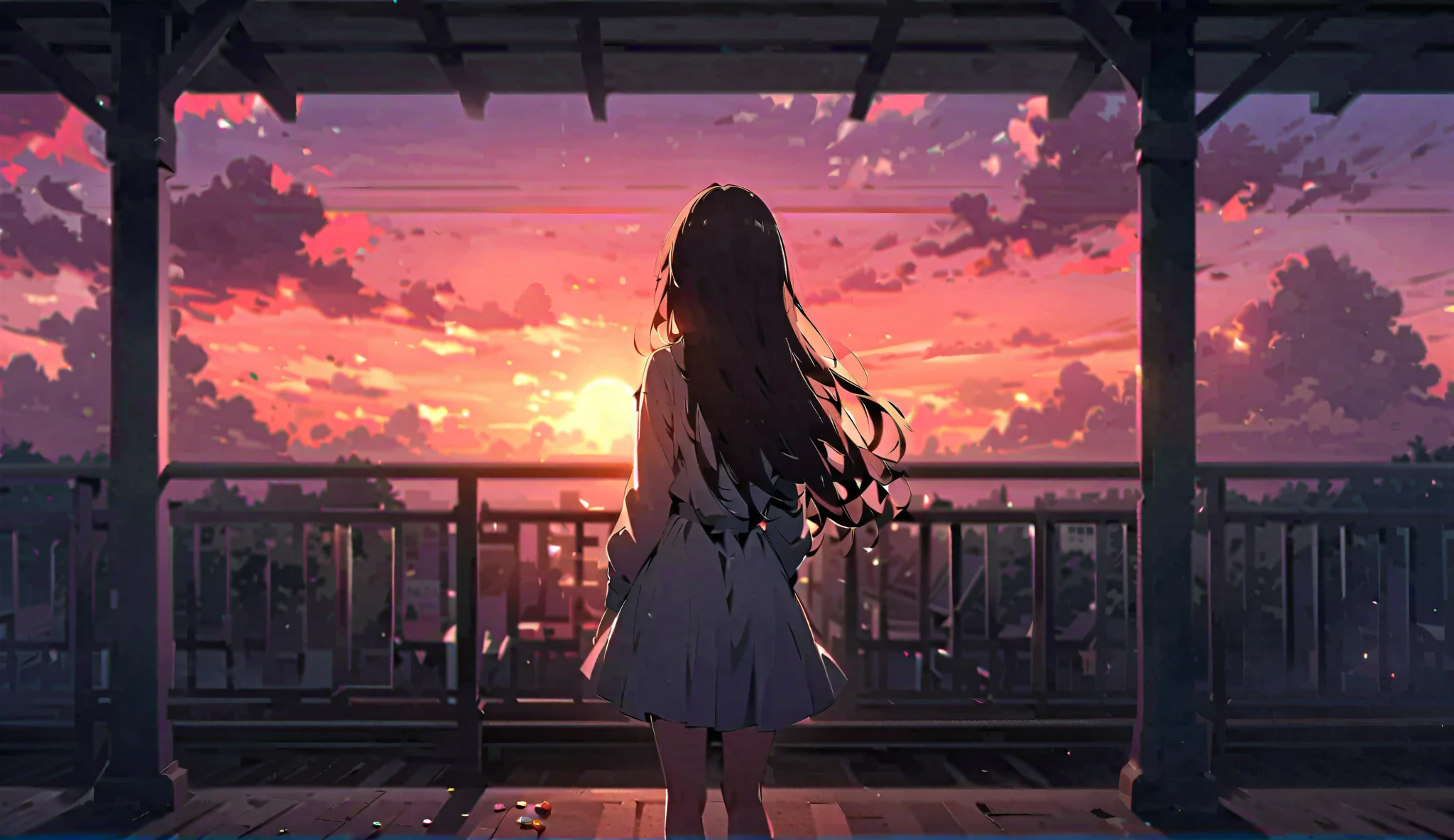Highly detailed CG Unity 8k wallpaper), Background is candy，駅のホーム、伸びる影、Beautiful young woman in sunny weather, Complete back view, stand, full_body, dramatic, バックLight, Light, Volumetric Lighting, Simple Background