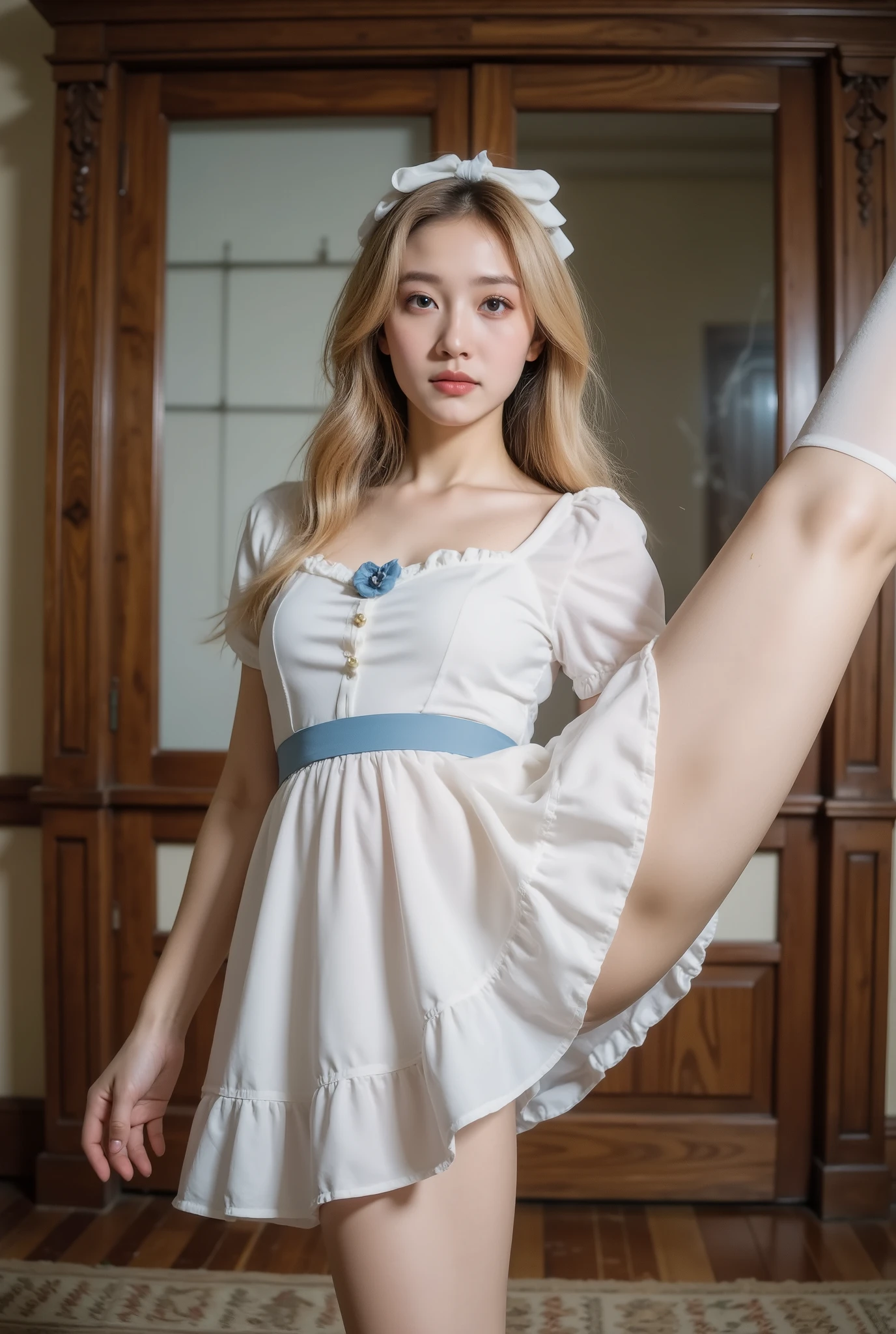 (((((Standing Splits:1.6,“sexy thigh - high stockings”:1.5))))),{{masterpiece}},{best quality},{the alice in wonderland},{solo},1girl,{stading},{full body},{{delicate face}},white hair bow,blonde_hair,vely long hair,blunt_bangs,floating hair,{looking_at_viewer},blue eyes,beautiful detailed eyes,{white_frilled_dress},{{white pantyhose}}, puffy sleeves,skirt pleats,blue dress bow,{{rose}},delicate details,