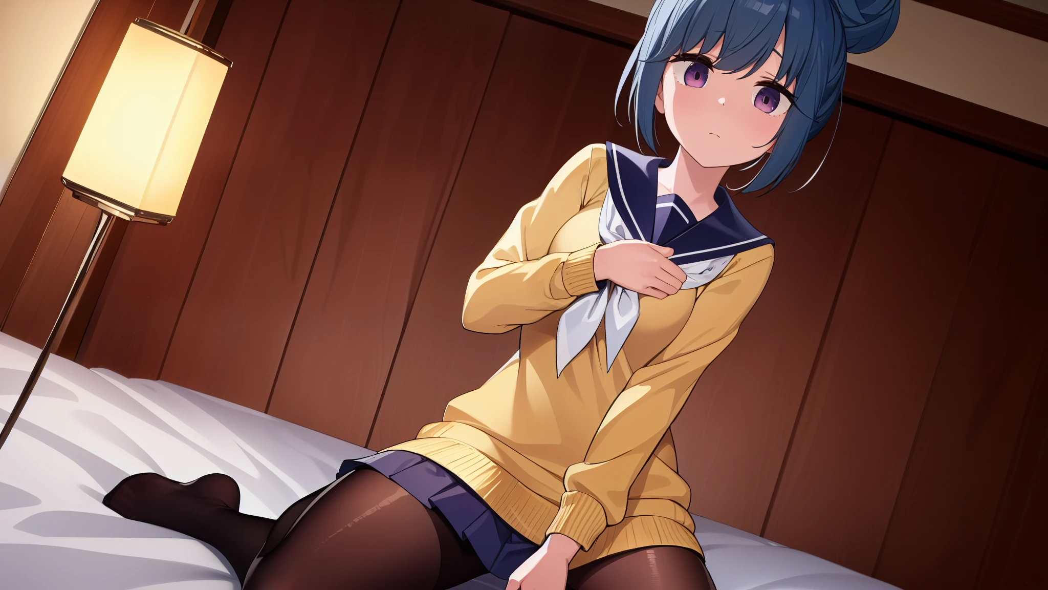 ( Masterpiece:1.2), top quality, high resolution, unity 8k wallpaper, ( illustration ), very detailed face, perfect lighting, Highly Detailed CG, Shimarin, Lantern, watches viewers, school uniform , single hair bun , yellow sweater :1.2, blue sailor color, black pantyhose showing off one chest, pleated skirt, Closed Mouth, sitting on bed, kneel, seiza, feet、feetを開く、Skirt rip、Grab the skirt、 change clothes、Raise one knee 、 disheveled clothes、perfect body、 low angle、 underwear can be seen through the gap between the crotches 、 angle from below