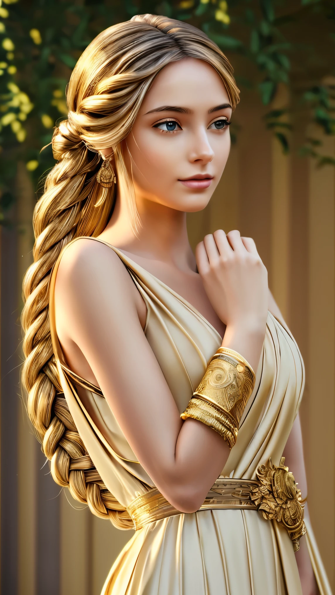 ((best quality)), ((masterpiece)), (detailed), perfect face, ((Best quality, 8k, Masterpiece: 1.3)), A stunning goddess-like woman from Greek mythology, deep in thought, resting her right hand gently on her cheek. She wears a flowing, traditional peplos, draping elegantly over her body. On her right wrist, a golden bracelet gleams under the soft light. Her golden hair is intricately braided, cascading with rich texture and volume. The scene evokes the beauty and grace of ancient Greece, with a serene and contemplative atmosphere.