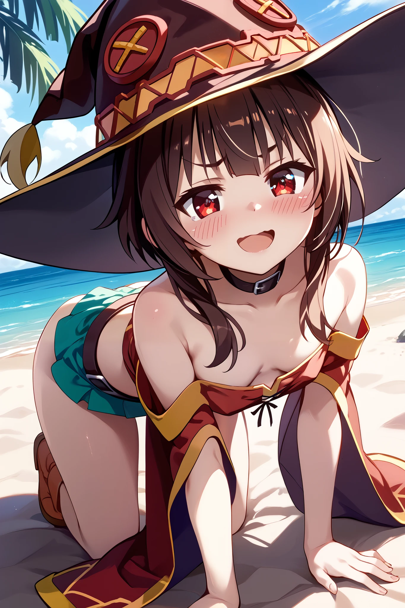 a girl wearing a witch hat、Megumin、Flirty anime The magic of witch chanting 、Put your butt on、 open your crotch、Pull out your shoulders 、 embarrassed face、 Character Focus、 open your mouth、smile、 palm-sized breasts、KonoSuba、 anime style 4k、 Anime Moe Art Style 、 Cute Girl Anime Visual 、 red eyes、 beautiful background(Beautiful Beach )、 SHORT SKIRT 、 on all fours