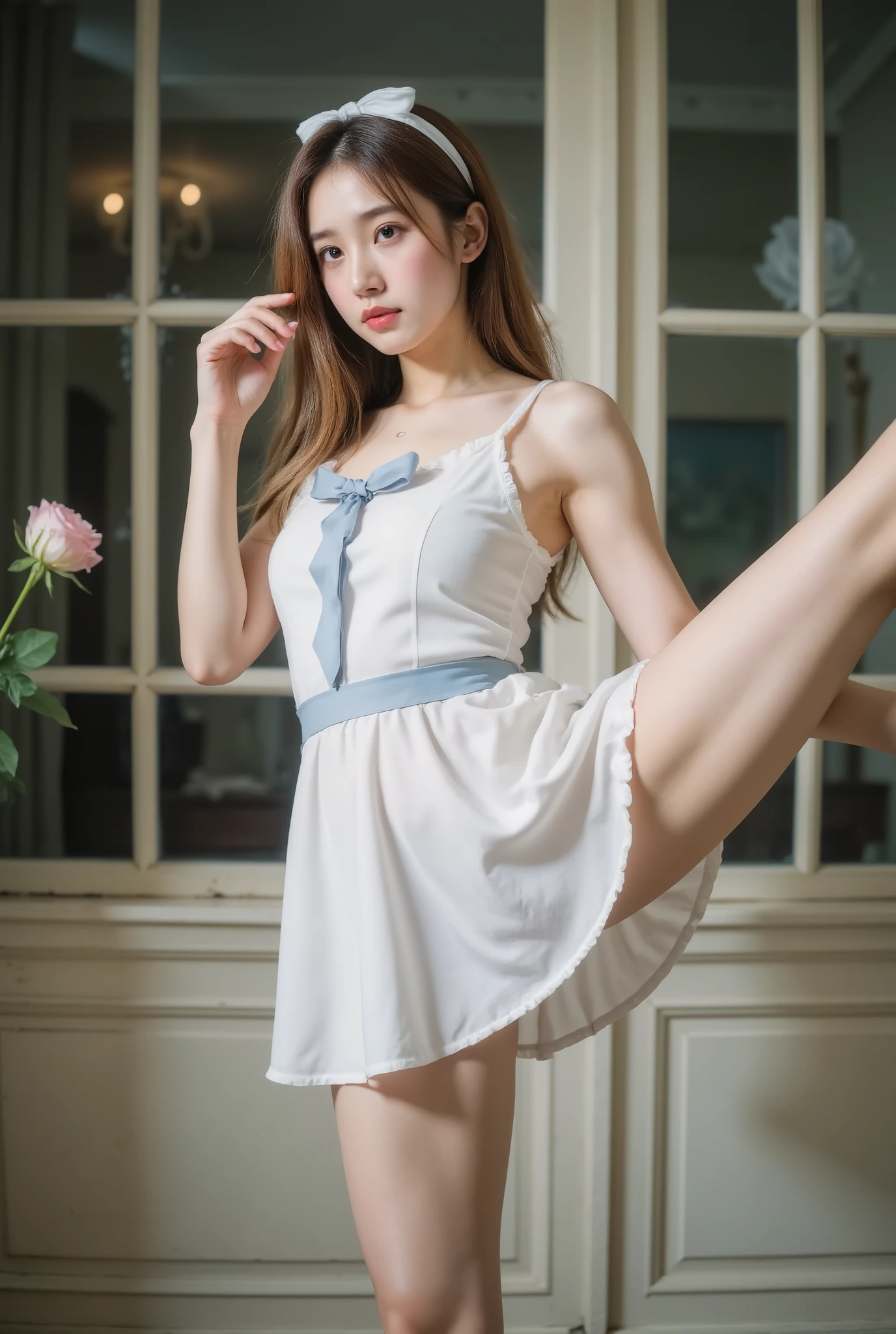 (((((Standing Splits:1.6,“sexy thigh - high stockings”:1.5))))),{{masterpiece}},{best quality},{the alice in wonderland},{solo},1girl,{stading},{full body},{{delicate face}},white hair bow,blonde_hair,vely long hair,blunt_bangs,floating hair,{looking_at_viewer},blue eyes,beautiful detailed eyes,{white_frilled_dress},{{white pantyhose}}, puffy sleeves,skirt pleats,blue dress bow,{{rose}},delicate details,