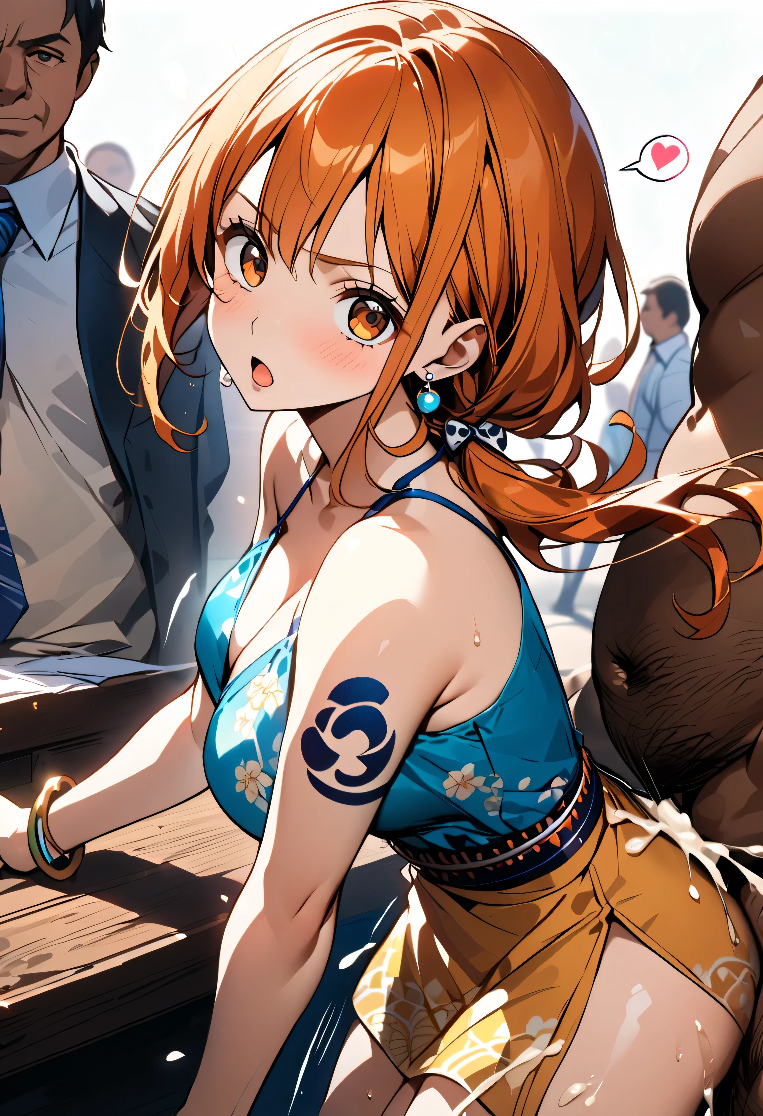 (masterpiece), best quality, HDR,UHD,8K, Highly detailed, expressive eyes, big eyes, perfect face, shiny skin, (1high school student:1.2), One Piece, NAMI, leaning forward, looking at viewer, (1 clothed boy:1.5), crowd, (sex from behind:1.6), Hug from behind, upper body, side view, ((motion lines)), ((clothing aside)), cum shot, ((excessive cum)), (clothed), spoken heart, steaming body, girl trembling with sexual climax, ugly man, fat man, aanami, long hair, orange hair, earrings, brown eyes, shoulder tattoo, breasts, collarbone, bare shoulders, cleavage, bikini top only, striped bikini, green bikini, bracelet, jeans, blue pants
aanami, long hair, orange hair, hair ornament, earrings, brown eyes, shoulder tattoo, breasts, collarbone, bare shoulders, jewelry, beads, cleavage, evening gown, blue dress, sleeveless, bracelet, side slit
aanami, long hair, orange hair, low ponytail, hair bow, earrings, brown eyes, shoulder tattoo, breasts, collarbone, bare shoulders, japanese clothes, short kimono, blue kimono, floral print, sleeveless, bracelet, sash, obi
aanami, short hair, orange hair, brown eyes, breasts, collarbone, cleavage, striped shirt, white shirt, short sleeves, miniskirt, yellow skirt