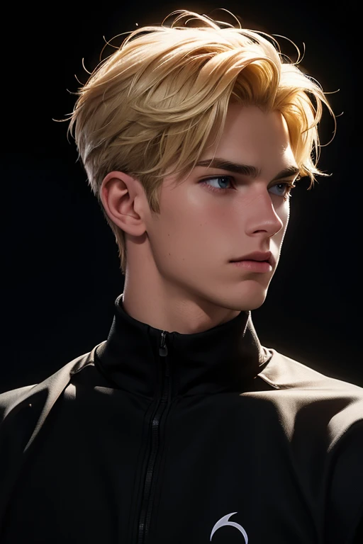 handsome young guy. blond, medium length hair. athlete, pumped . on a dark background, like it's a portrait