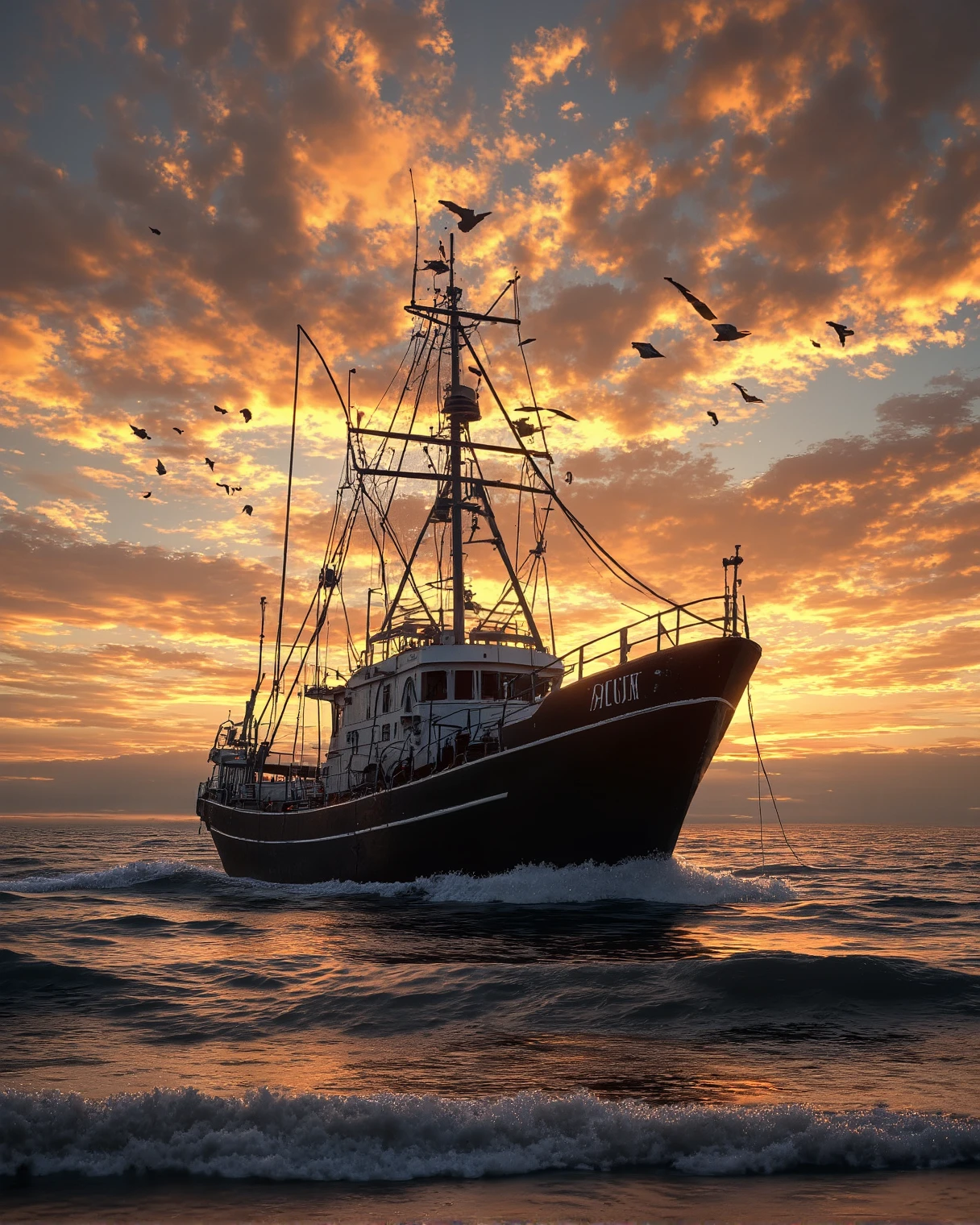 A majestic fishing boat returning to shore at sunset, surrounded by seagulls in flight, golden orange sky with vibrant clouds reflecting on calm ocean waves, ultra-realistic, cinematic lighting, dramatic and vibrant composition."photorealistic, dynamic sky, water reflections.