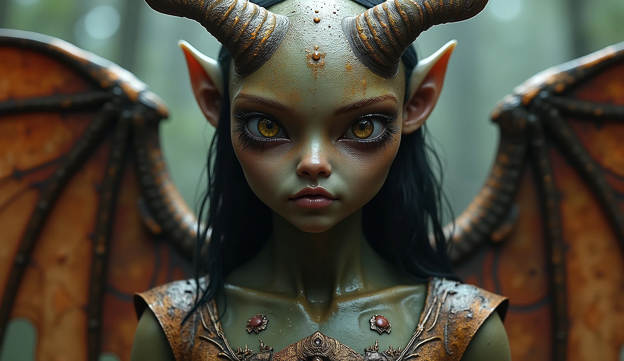 the eyes are solid color without a hint of pupil or white, black, gold color. Skin color is characteristic of humans. Their hair streaming from behind their horns is dark