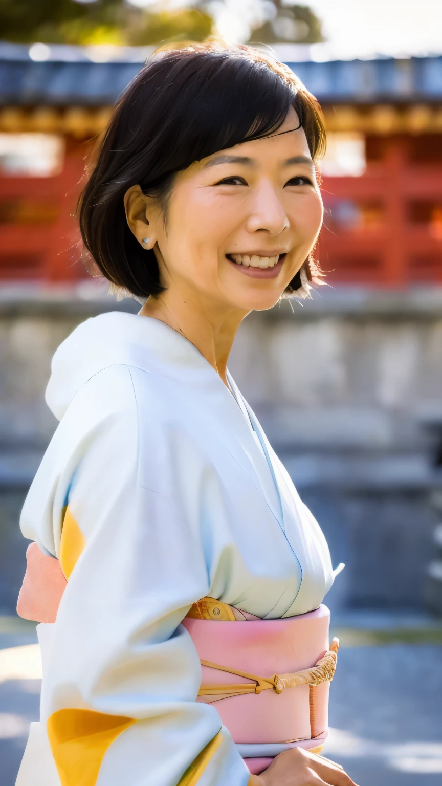 (( top quality)), ((8k)), (( Masterpiece: 1.3)), ( perfect appearance), ( photorealism: 1.6), ( Japanese woman walking in the shrine grounds ), (Japanese woman in a kimono ), Japanese woman, (60 years old), raising the corner of the mouth and smiling , The gaze is directed diagonally to the upper right., short hair, (whole body: 1.6), low angle