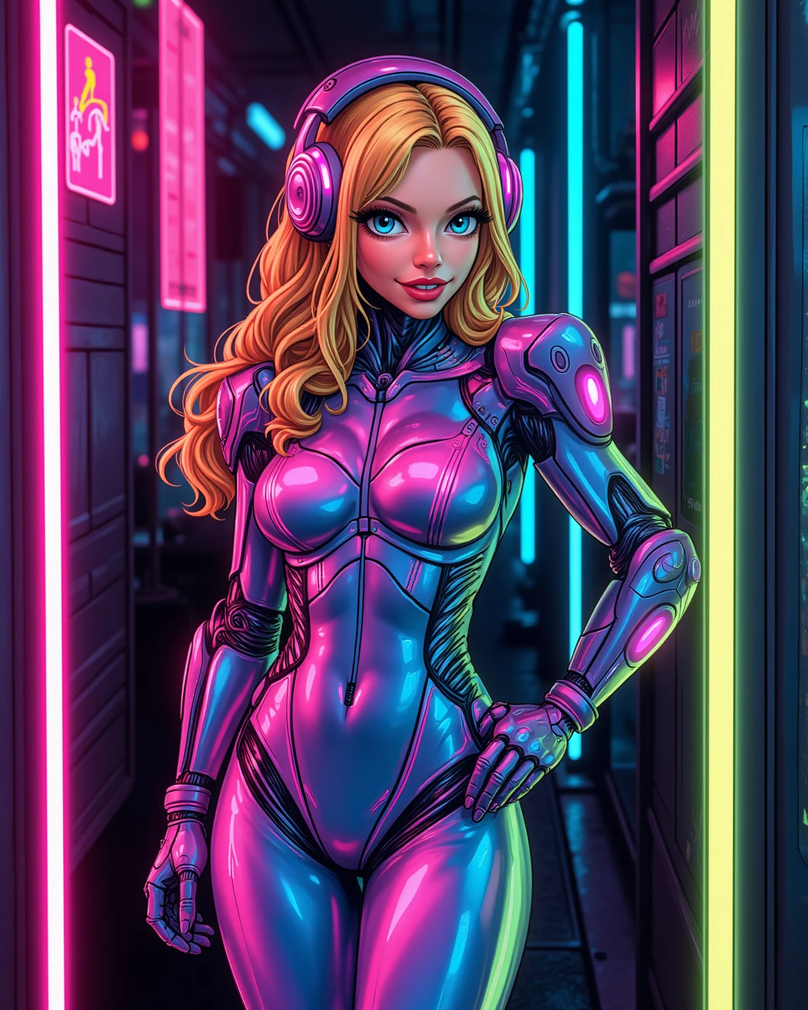 Shakira style, cyborg woman, full body, (neon lights: 1.1), bright colors, (thepit bimbo :0.5), bright, sexy, cyborg, robot, exposed parts, exposed mechanics, ((cyborg body with exposed mechanics))

[Anita],, looking at the viewer, smile, symmetrical, centered, closeup, extreme closeup, upper body, cleavage focus,
milf, female, athletic, fit, tall, European, minidress, animated, smile, glowsticks, futuristic,
golden outline,
[(color colors of psychedelic explosion painting:1.1)::0.125],
iridescent, chromatic aberration, studio lights, bright light, glowing skin,
realistic, realistic, photo-realistic, 8k, highly detailed, body proportions,
diffuse light, laser lights, fog