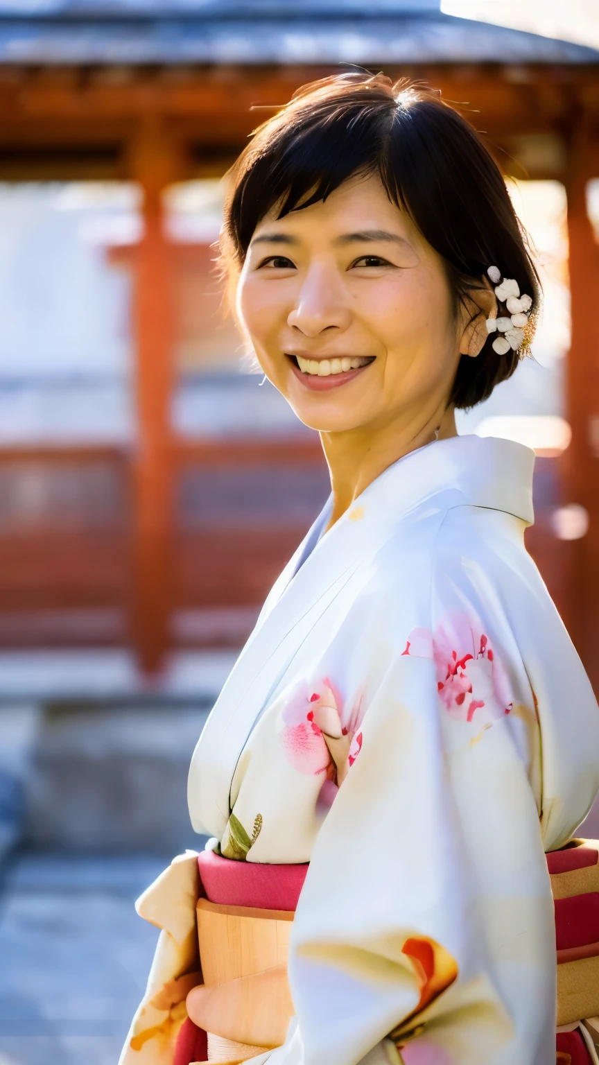 (( top quality)), ((8k)), (( Masterpiece: 1.3)), ( perfect appearance), ( photorealism: 1.6), ( Japanese woman walking in the shrine grounds ), (Japanese woman in a kimono ), Japanese woman, (60 years old), raising the corner of the mouth and smiling , The gaze is directed diagonally to the upper right., short hair, (whole body: 1.6), low angle