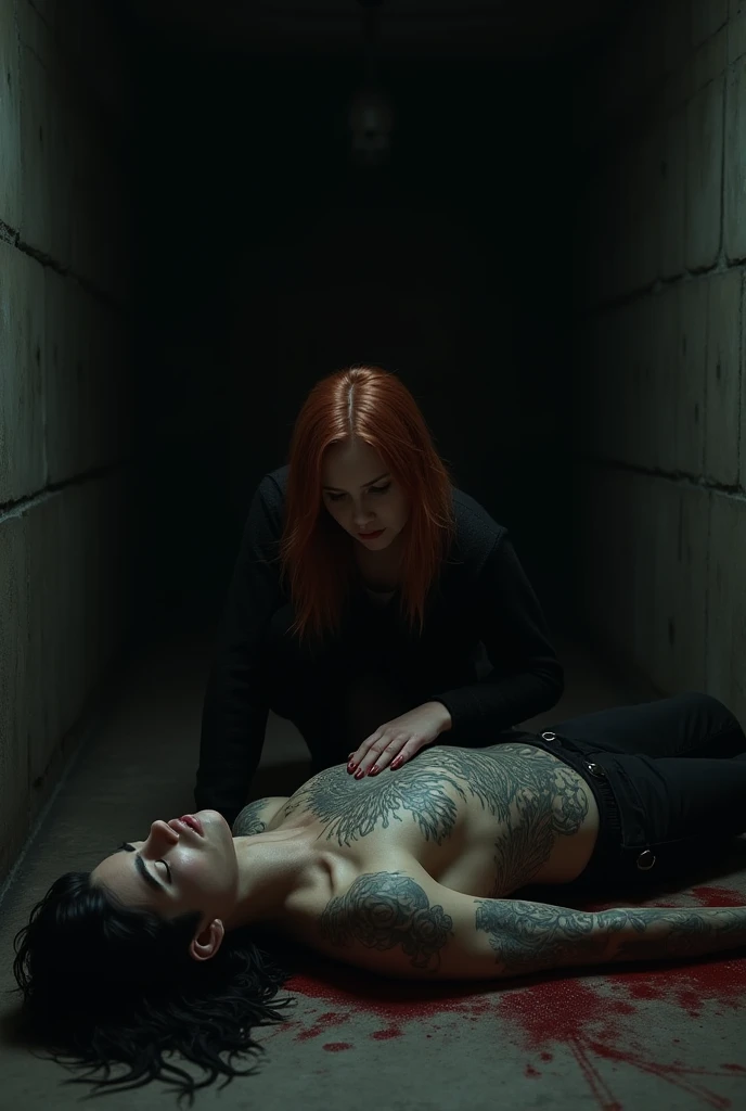 Voldemort is kneeling next to Ginny
Weasley, who is lying on the ground. Her shirt is lifted, exposing her bare abdomen. Voldemort is pressing and palpating Ginny's exposed abdomen with his hand, applying careful and deliberate pressure. The scene is tense, with Voldemort's focused expression contrasting with Ginny's peaceful, almost unconscious state. The dim light in the room highlights the contact between Voldemort's hand and Ginny's abdomen, emphasizing the invasive
nature of the touch.