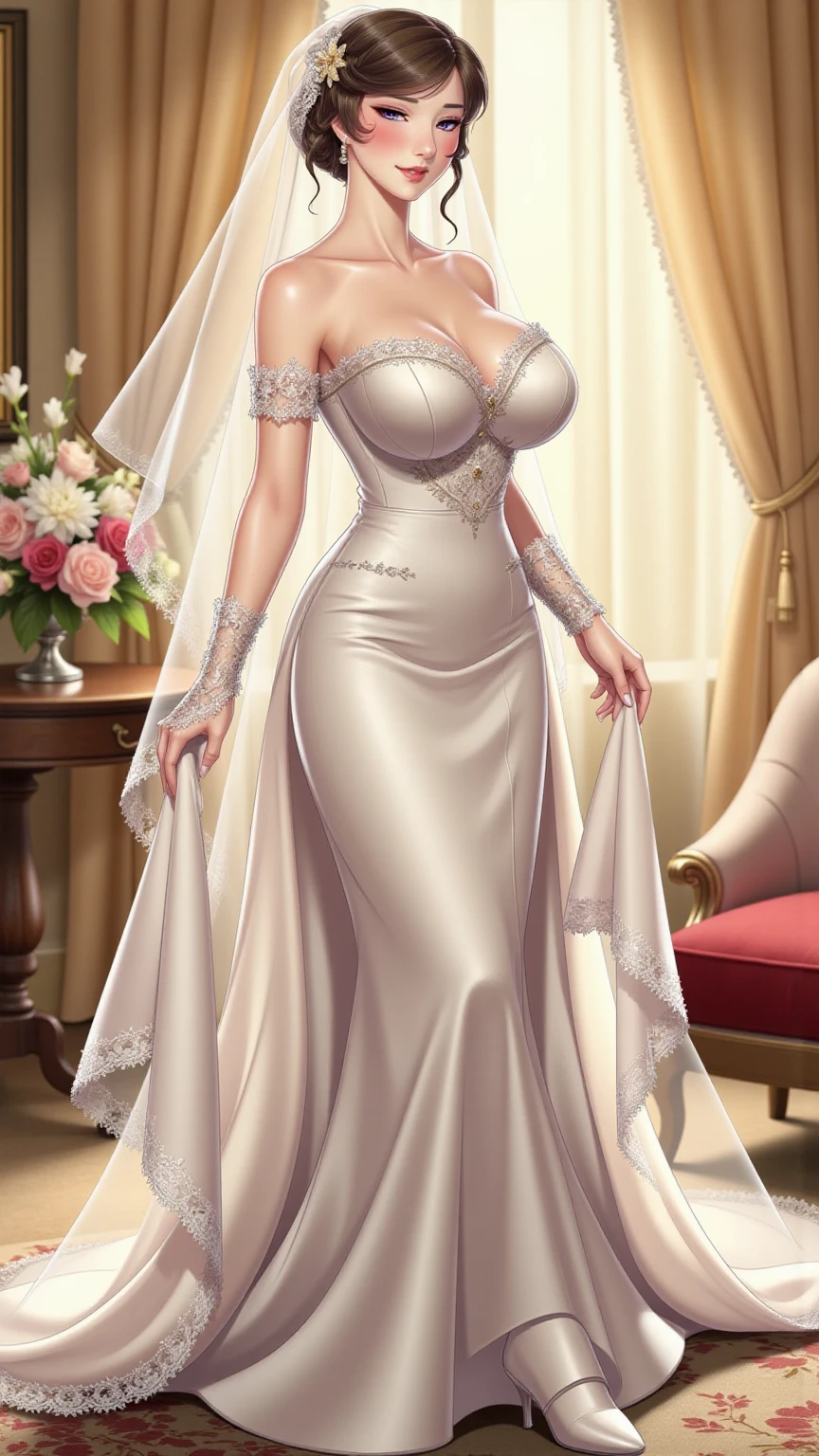 ((((ultra illustrated style:1.0)))),best quality,best animated,masterpiece,ray tracing, global illumination,1girl, breasts, wedding dress, veil, solo, jewelry, cleavage, large breasts, long hair, earrings, smile, necklace, looking at viewer, collarbone, full body, outdoors, standing, <lora:wedding:0.9>
