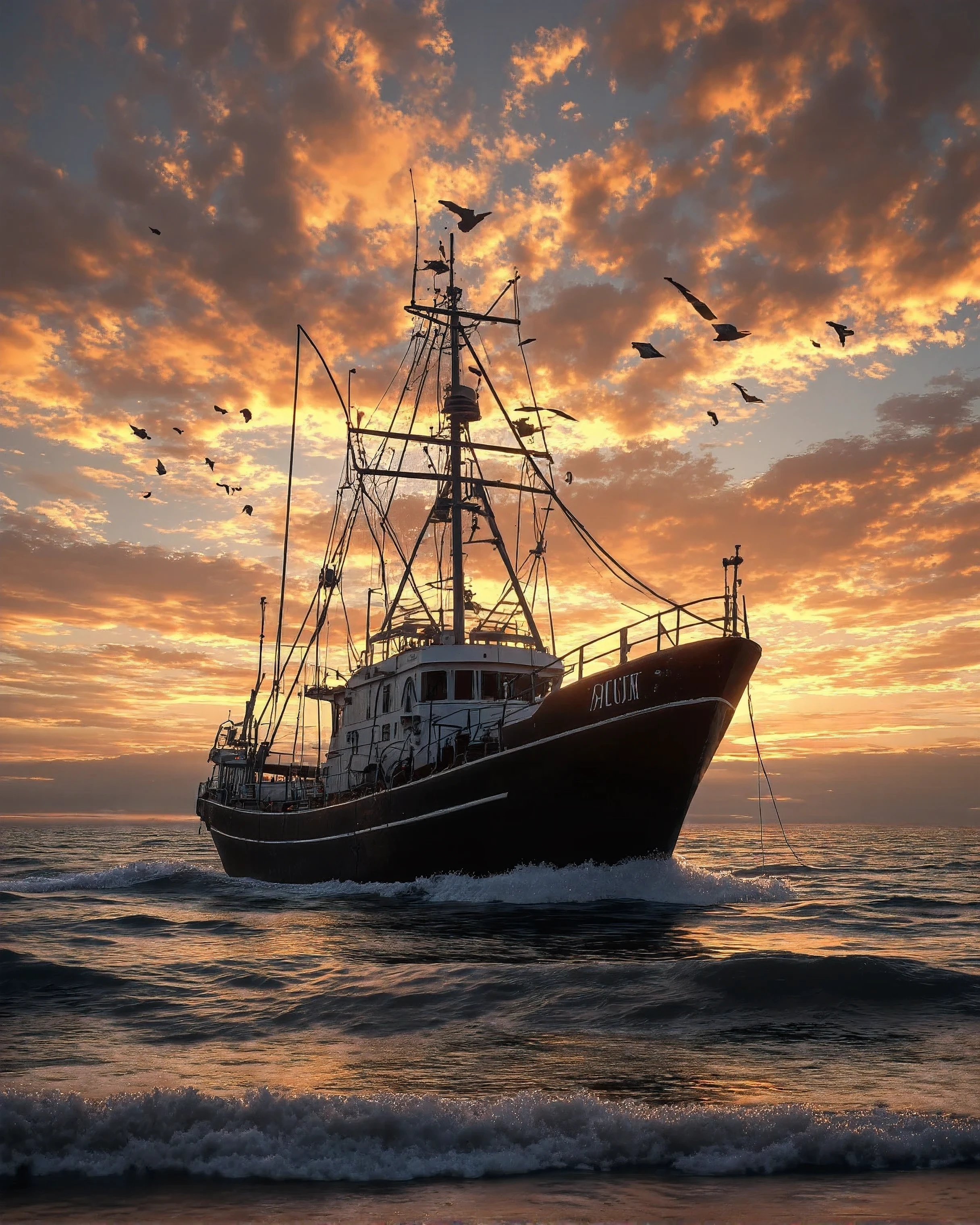 A majestic fishing boat returning to shore at sunset, surrounded by seagulls in flight, golden orange sky with vibrant clouds reflecting on calm ocean waves, ultra-realistic, cinematic lighting, dramatic and vibrant composition."photorealistic, dynamic sky, water reflections.