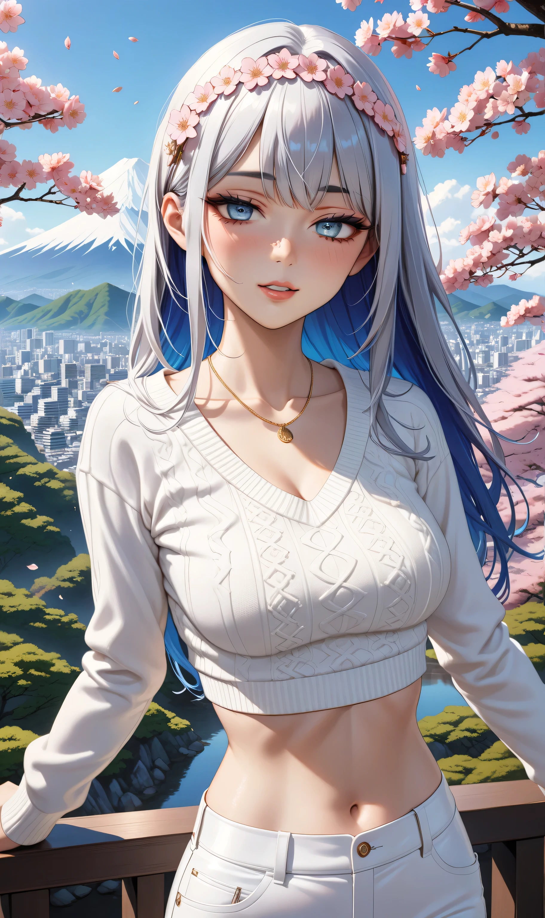 ((Random Sexy pose)), ((Ultra detailing)), (very aesthetic, best quality, ultra detailed), intricate details, 1girl, silver hair, Blue inner hair ,(Silver eyes),((Detailed eyes)), ((Beauotifull eyes)), ((prefect eyes)), sharp jawline, long hair, (mullet), Medium breasts, Licking her lips parted lips, blush, makeup Blush, medium breast, (white Sweater crop top, Flower headband, white pants, neckless), print , (background: Japan, sakura tree, Mountain)
