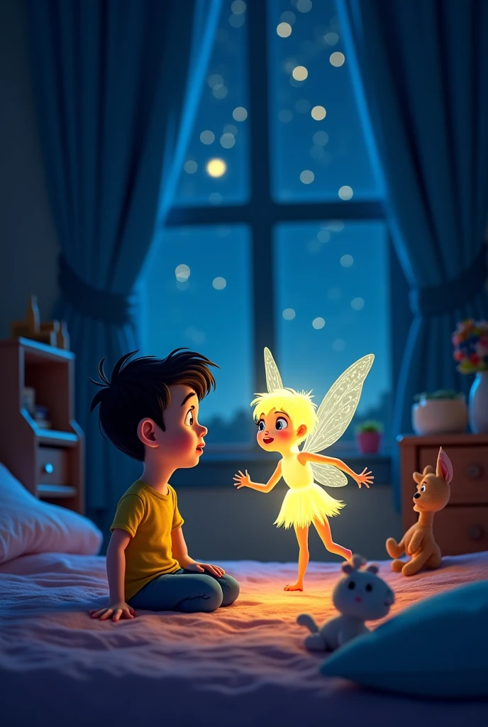 Generate a realistic photo.Image: Chintu, a young boy with curious eyes, is playing with the old glass among his toys. The glass starts glowing with a magical light, and a fairy begins to emerge from it.