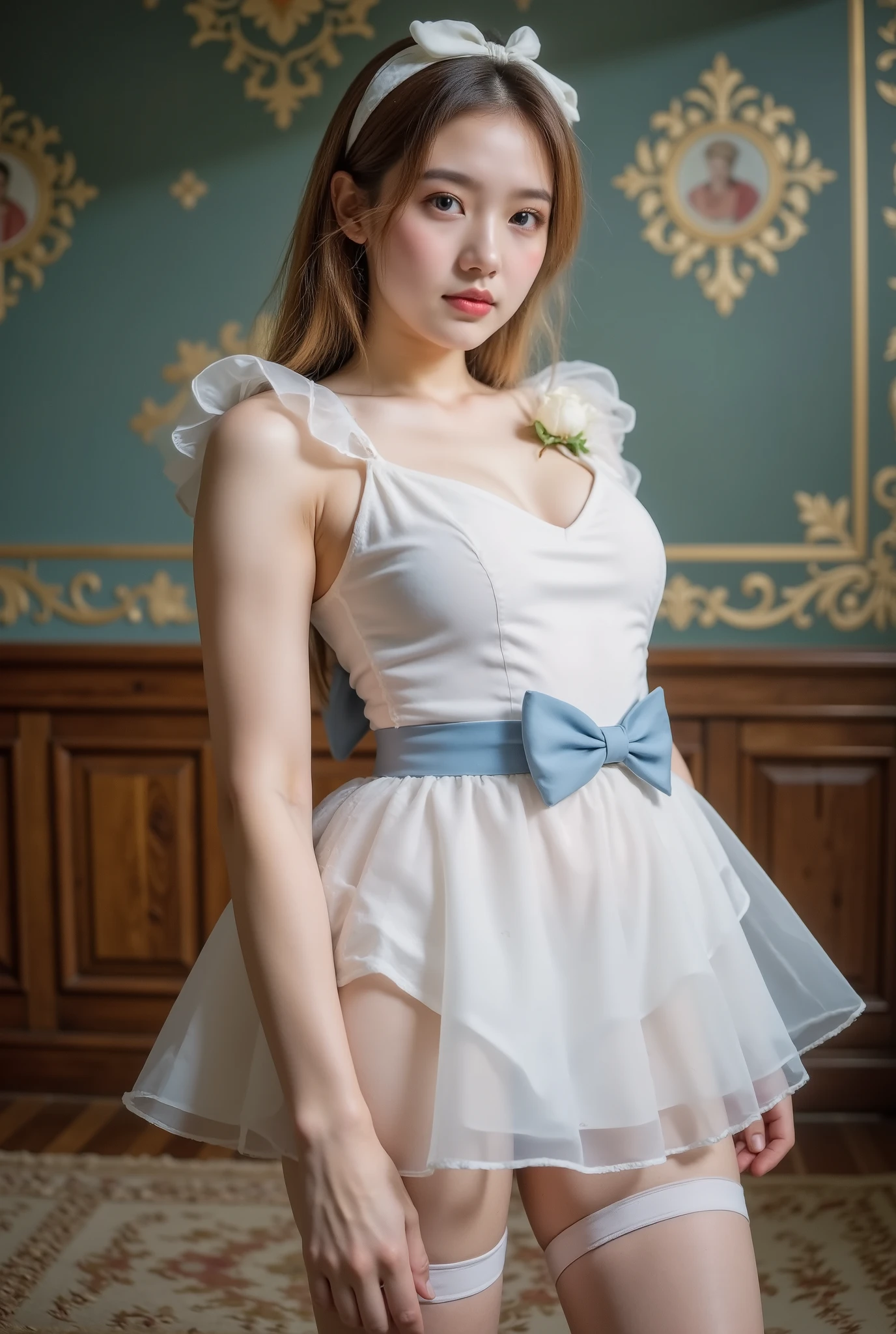 (((((Standing Splits:1.6,“sexy thigh - high stockings”:1.5))))),{{masterpiece}},{best quality},{the alice in wonderland},{solo},1girl,{stading},{full body},{{delicate face}},white hair bow,blonde_hair,vely long hair,blunt_bangs,floating hair,{looking_at_viewer},blue eyes,beautiful detailed eyes,{white_frilled_dress},{{white pantyhose}}, puffy sleeves,skirt pleats,blue dress bow,{{rose}},delicate details,