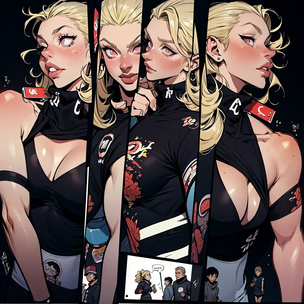 (masterpiece:1.2, best quality), (real picture, intricate details), (1lady, solo, multicolored hair, curvy upper body, big tits:1.2), ((NSFW)), ((character design sheet, Infographic drawing, Multiple sexy poses, white background:1.2)), the clothes are red and gold ar:avant-garde,avant-garde,Experiment with appearance:curlies,Dramatic makeup,Unconventional fashion choice behavior:rebelliousness、non-conformist、Provocation location:demon eyes,urban art district、Underground music venues Hobbies:Participation in punk shows、creating mixed media art、Try different subcultural values:individuality、Reality、Creative expression of inspiration:goth artmusic、Counterculture icons,Avant-garde art movement character traits:boldness、boldness、act outside the box