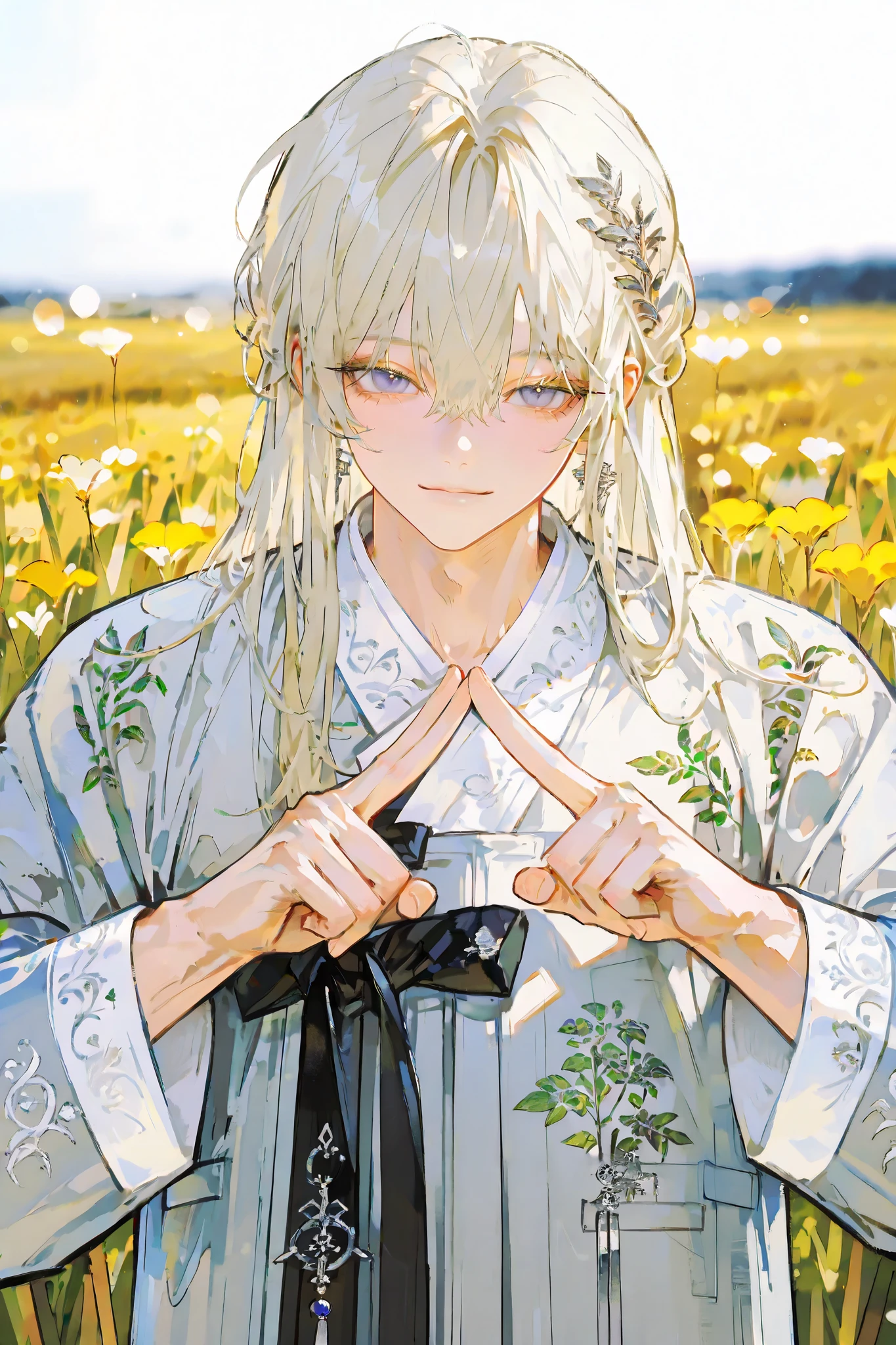masterpiece、 best quality、 good quality 、 average quality 、 very detailed 、 very beautiful、 absurd、 Blurry 、Natural light、 Good hand 、 Detailed eyes、 Delicate hair、 looking at the viewer ,Solo, high resolution, Blurry , blurry background, masterpiece, high quality, accurate hands , Blood vessel stand out , Soft silhouette , is the right muscle, ((male)), forage , depth of field, Natural light, soft light , Delicate fur , Detailed eyes, Emotional , impressionism , Monet, adult, macho, 위에서 아래를 내려보며 눈을 마주치는, 훌륭한 눈, 정확한 눈, 분홍빛 눈, 부드러운 미소, 보라색 머리, 땋은 머리, hanbok, long eyelashes, Delicate eyelashes