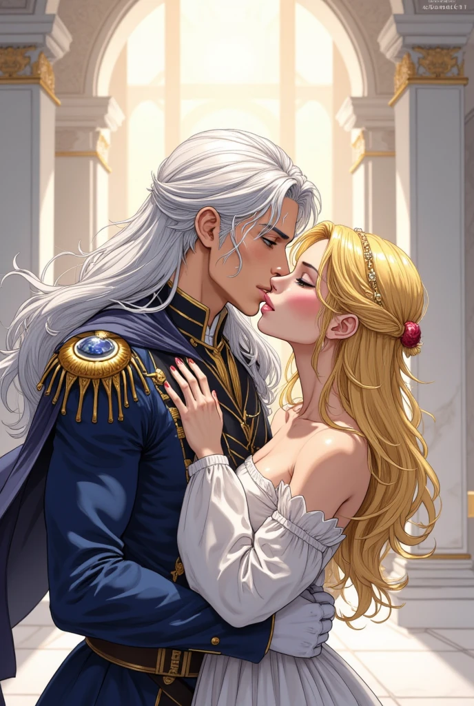 A tall, handsome, statuesque, courageous young man is a platinum blonde, dressed in an ancient military uniform, he has armor, long straight platinum hair, blue eyes, tanned skin, he hugs an incredibly beautiful young fatal blonde with blue eyes, dressed in a luxurious princess dress, she has long golden hair, long bangs, the tiara. They're in love. Masterpiece, beautiful face, beautiful facial features, perfect image, realistic photos, full-length image, 8k, detailed image, extremely detailed illustration, a real masterpiece of the highest quality, with careful drawing. glow. In full growth.