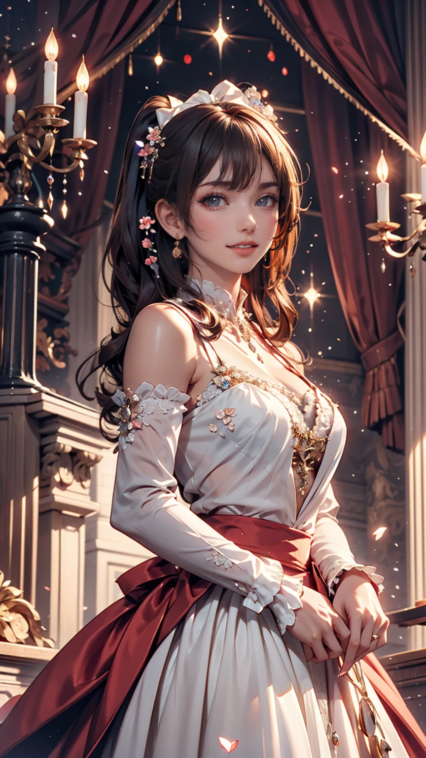 One girl, length_hair, bright_hair_color, Fascinating_eye, mysterious_Performance, mature_exterior, glamorous_Costume, Flowing_dress, elegant_jewelry, Complex_Decoration, magic_symbol, Shine_accessories, Portion, Scroll, cute_accent, bow, ribbon, Flowers,