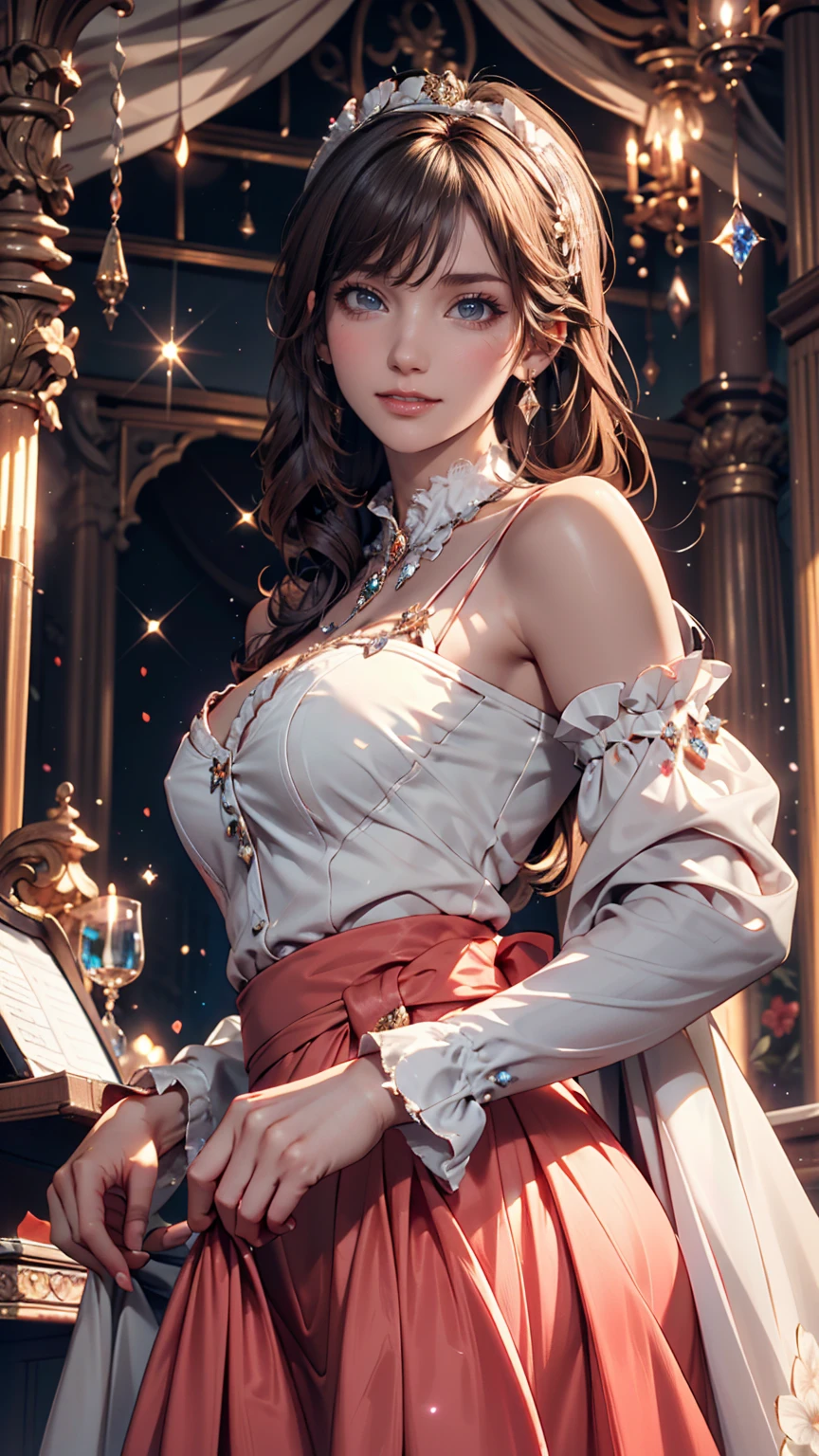 Anne Kleine Nachtmusik、Ash Brown、White women、Sexy proportions、noble、Wear an off-the-shoulder dress、Long gloves with lace trim、Dance、Champagne glasses toast