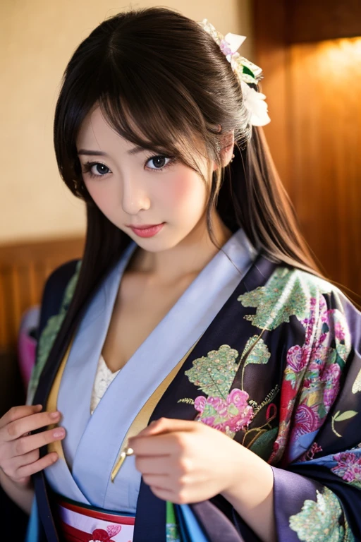 1womanl、(Super beautiful)、(beauitful face:1.5)、(Sit in a tea room in a temple in Japan)、with spreading legs、(Showing white panties)、(Dark purple kimono:1.2)