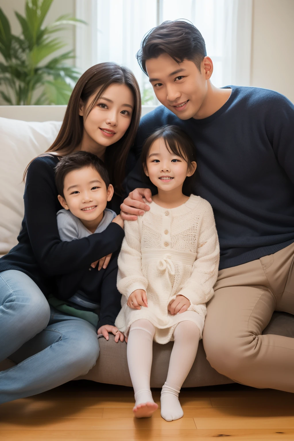 Araffe family sitting on a couch in a living room - SeaArt AI