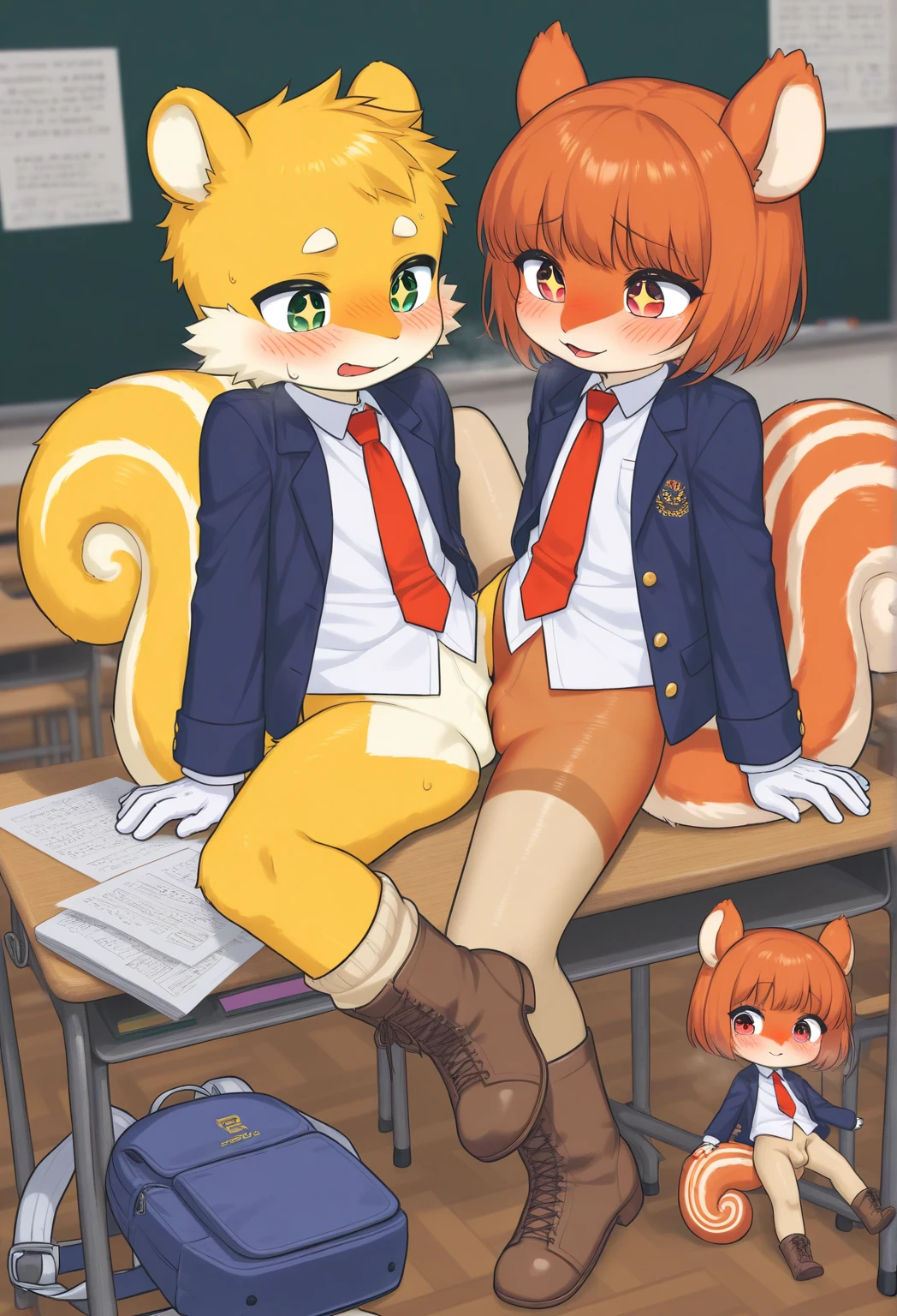 boy, squirrel, furry, bodyfur, tail, blazer, bottomless, gloves, boots, chibi, sparkling eyes, happy, full body, classroom, penis, testicles, spread legs, hair bow, sitting, on table, legs up, anus, blush