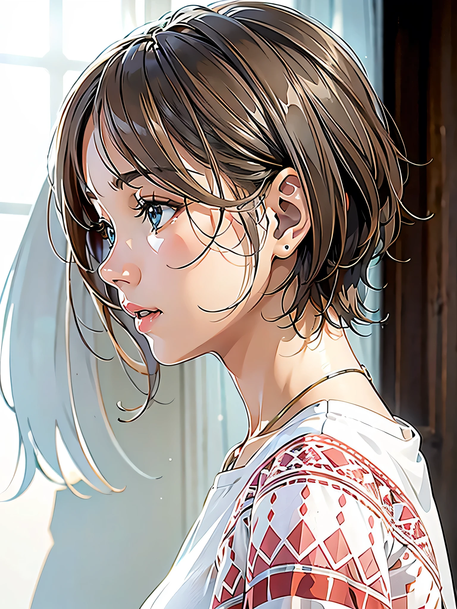 ( table top), sexy、 natural light, realistic diffused light , professional lighting、 shines a spotlight' big eyes、Blue eyes、 blond、 russian 、smile、