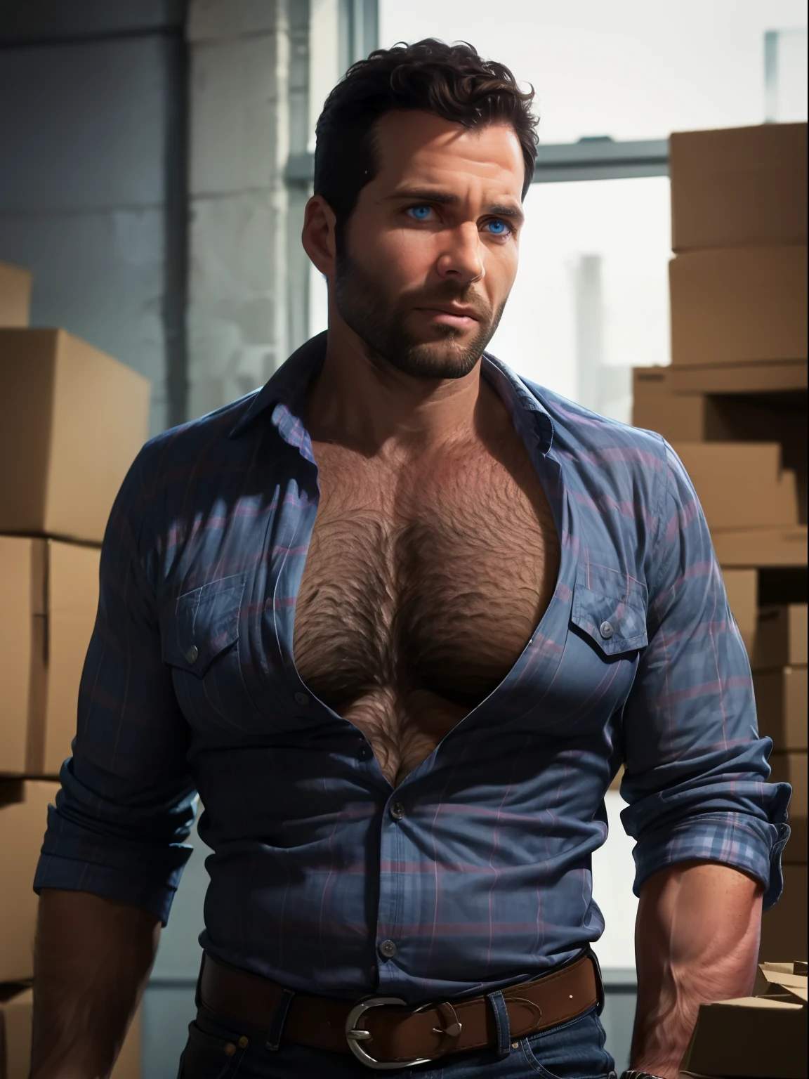 eionbailey, (looking at viewer:1.5), (close-up:1.5), masterpiece, best quality, realistic, photorealistic, (generic warehouse interior:1.2), (dark scene:1.4), 1boy, 50 year-old man, middle-aged male, solo, upper body, highly detailed face and body, perfect skin, dark brown hair, (extremely short hair:1.1), (parted hair:1.4), (crew cut hairstyle:1.1), (undercut hairstyle:1.1), (fade hairstyle:1.1) widow's peak, extremely handsome face, blue eyes, large eyes, high cheekbones, dimples, large chin, strong jaw, (clean shaven face:1.7), perfect face, (lean muscle:1.1), (thin:1.1), slim, slender, skinny, very muscular chest, (massive, thick, rounded pectorals:1.9), (pectoral lift:1.2), (deep and wide crease between pectorals:1.6), huge biceps, (very small waist:1.1), perfect body, (very hairy chest:1.5), dark chest hair, very hairy throat and neck, hair on and above collarbones, very hairy pectorals, hairy arms, dark arm hair, (very hairy forearms:1.4), hair on backs of hands, (blue and white checkered shirt:1.6), (sleeves rolled up:1.6), (unbuttoned chest:1.5), (skin tight shirt:1.1), (belt:1.1), denim jeans, tight jeans, large bulge in jeans, (shirt tucked into jeans:1.1)