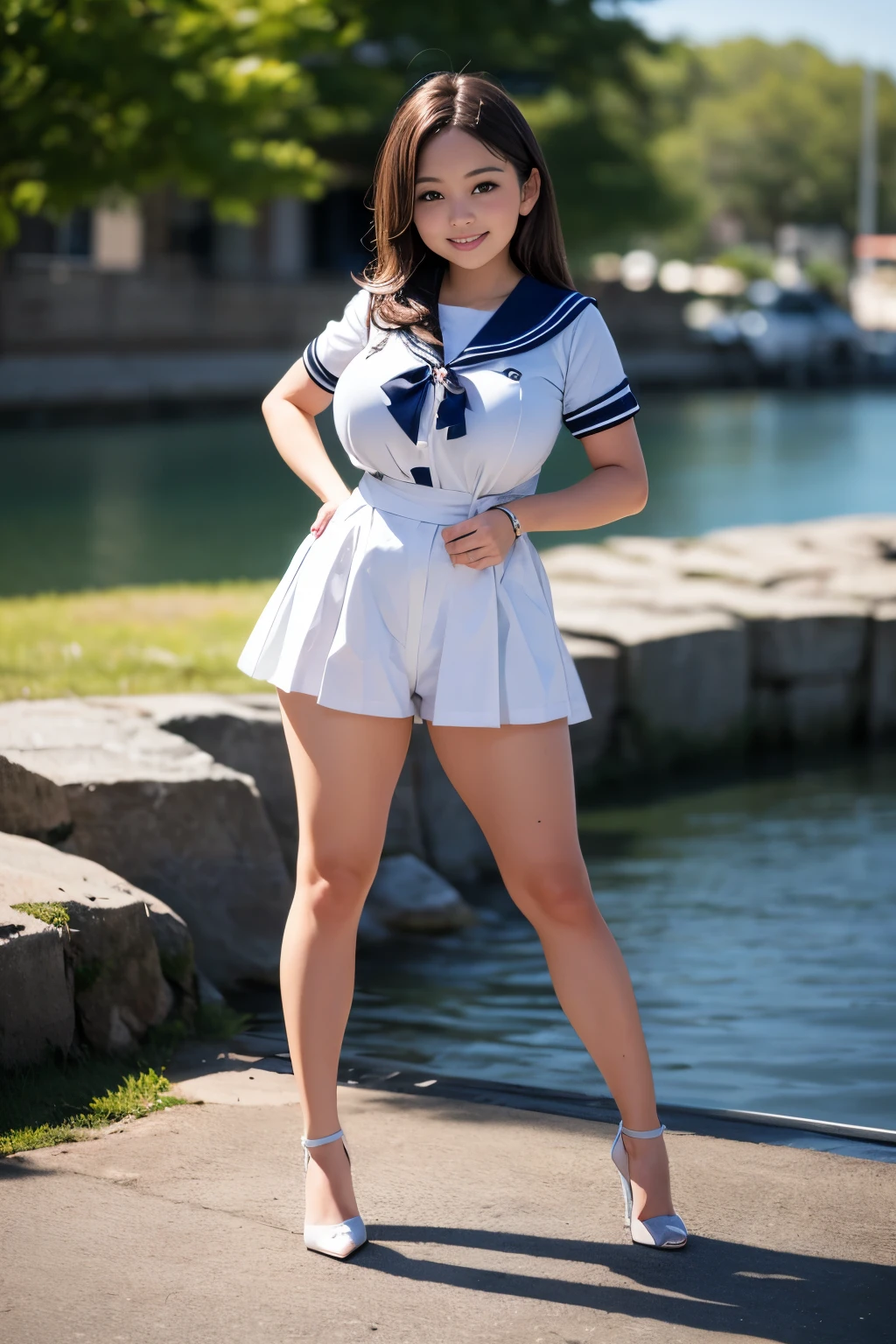 Perfect composition, Proper placement, Golden Ratio, masterpiece, best quality, high definition , one Girl, Cute (Girl:(loli:1.5), full body focus, full body shot, view the viewer, smiling, standing, Wearing a Japanese High School Sailor Suit:1.331, Winter Short sleeve uniform , Blue ribbon, Anatomically Correct Ratio :1.331, has a small head :1.331, Curvy body:0.9, thin waist:1.331, Thin limbs:1.331, big breasts, Brown Hair, wavy long hair, bare legs, white pin high heels, Summer evening, Sunny, outdoor, Lake side, old blurry photos, Faded photos , Light and Shadow, Movie Lighting,