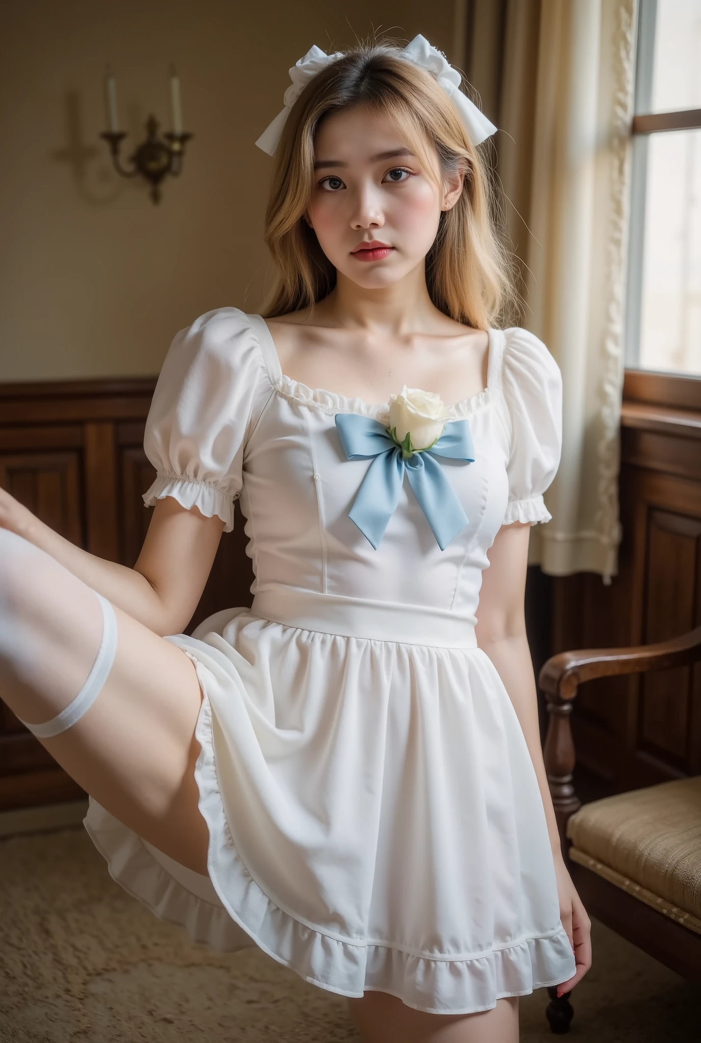 （（（（（Standing Splits：1.6，“sexy thigh - high stockings”:1.5））））），{{masterpiece}},{best quality},{the alice in wonderland},{solo},1girl,{stading},{full body},{{delicate face}},white hair bow,blonde_hair,vely long hair,blunt_bangs,floating hair,{looking_at_viewer},blue eyes,beautiful detailed eyes,{white_frilled_dress},{{white pantyhose}}, puffy sleeves,skirt pleats,blue dress bow,{{rose}},delicate details,