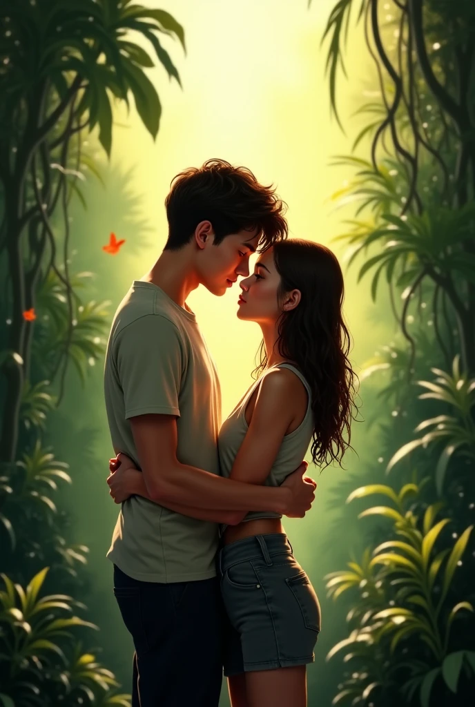 A realistic cool boy with his girlfriend in the forest the girlfriend has black long hair 