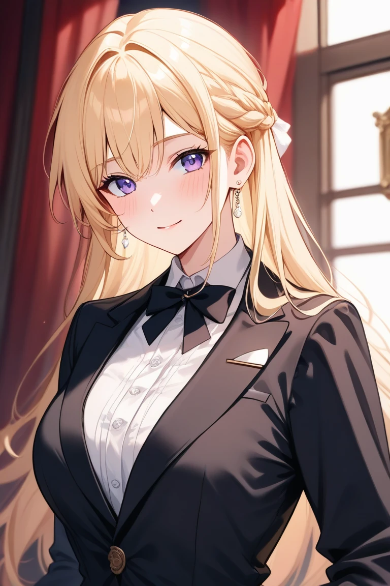 young girl, Gold hair, Gold eyes,beautiful and detailed eyes, big breasts, long hair, happy smile, black shirt,white blazer, black mini skirt, (flower garden )