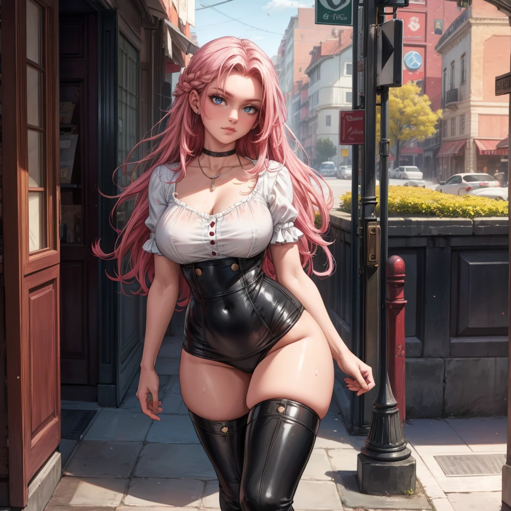 Toda la imagen con detalles intrincados nivel profesional: "(A young 16 year old girl with vibrant pink hair, piernas abiertas, vestida con un abrigo oscuro y una camisa blanca, with a corset and several belts, pantalones cortos negros y medias hasta el muslo, botas marrones. The woman has her eyes closed and an expression of gratitude and happiness on her face, ropa muy corta y delgada, le agrada mostrar su cuerpo, chica empoderada, le gusta mostrar su hermoso cuerpo sexualizado porque es muy bella, con rasgos femeninos pronunciados, (a veces le gusta salir casi o toda desnuda a la calle), random angle.)"