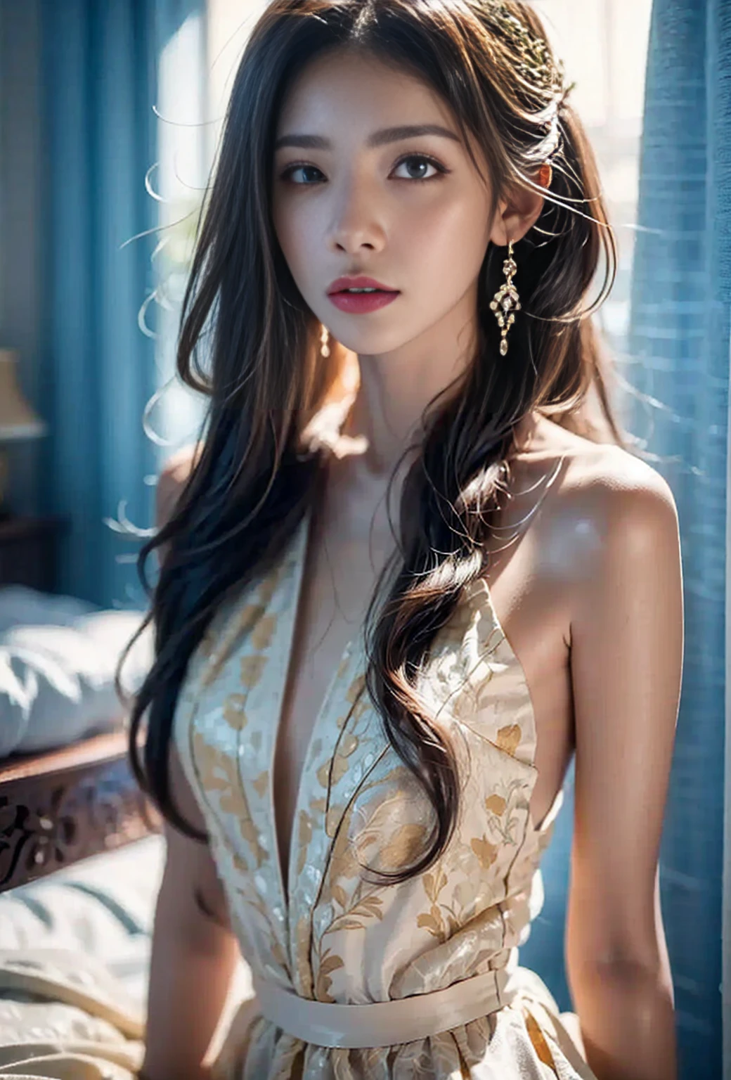 Best portrait photography, RAW photo, 8K UHD, film grain, cinematic lighting, elegant 1girl, (natural skin texture), natural pose, embellishments, cinematic texture, 35mm lens, shallow depth of field, silky long hair, small breast, sexy pose, full body pose, small waist,