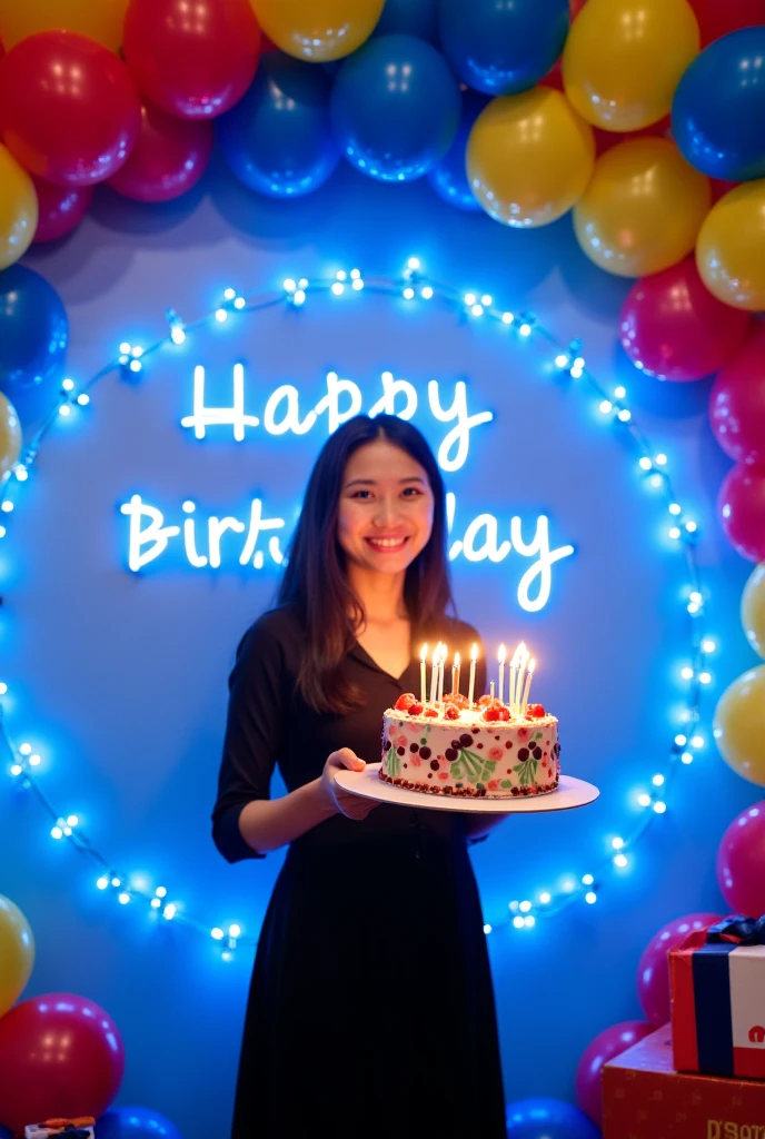Create background image on the hotel one table up cake with candles age 21 one female in birthday dress cut the cake write happy birthday bano in background with lights and a lot balloons black and yellow