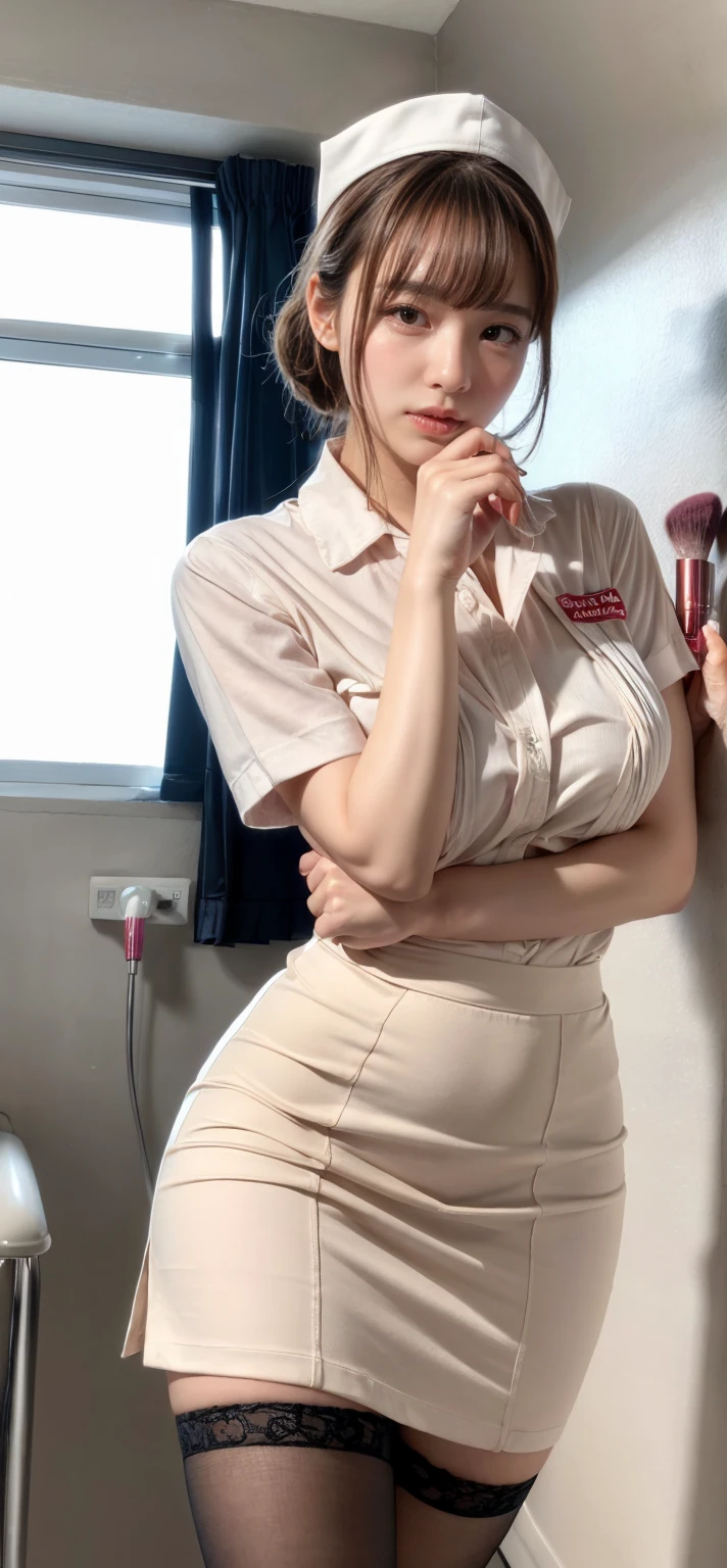 a korean woman on a nurse outfit, (((nurse))), ((masterpiece)), ((best quality)), ((intricate detailed)), ((Hyperrealistic)), (cameltoe), absurd res, milf, mature woman, perspective, highly detailed, illustration, 1girl, (big breasts), beautiful detailed eyes, (nurse outfit:1.2) skirt, stockings, detailed background, perfect eyes, seductive eyes, looking at the viewer, hospital background
