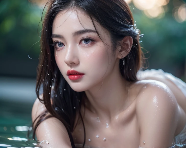 ((Near the huge summer pool:1.37)), realism, Realistic, ((Anatomically correct)), ((Perfect balance)) , 24-years-old、1 female、 A close-up of her face, Digital SLR, Top quality soft lighting, In dramatic lighting, ((Extremely absurd detail of realistic perfectly round brown_eye:1.3)), (Light pale complexion), ((extrem Realistic, clear sharp eye, With absurd quality, Not blurry)), ((Detailed pupils:1.4)), (Perfect Makeup:1.35), ((Extreme detail Symmetrical lips:1.3)), ((V-line jaw)), (Bright shiny red_lipstick:1.35), ((Realistic blue extreme detail_eyelash: 1.17)), ((Perfect darkness_eyehadows:1.45)), (Very detailed, Beautiful little nose:1.2), (Perfect composition), ((Pale skin:1.28)), ((dry skin)), ((Black tops, Black tube top outfit), , The background is simple and blue, The gaze is directed downwards at a low angle, Bright lightning.、(((Anatomically correct)))、(Perfect Body Proportions)、(Natural Hands、Natural Fingers、Natural Legs)