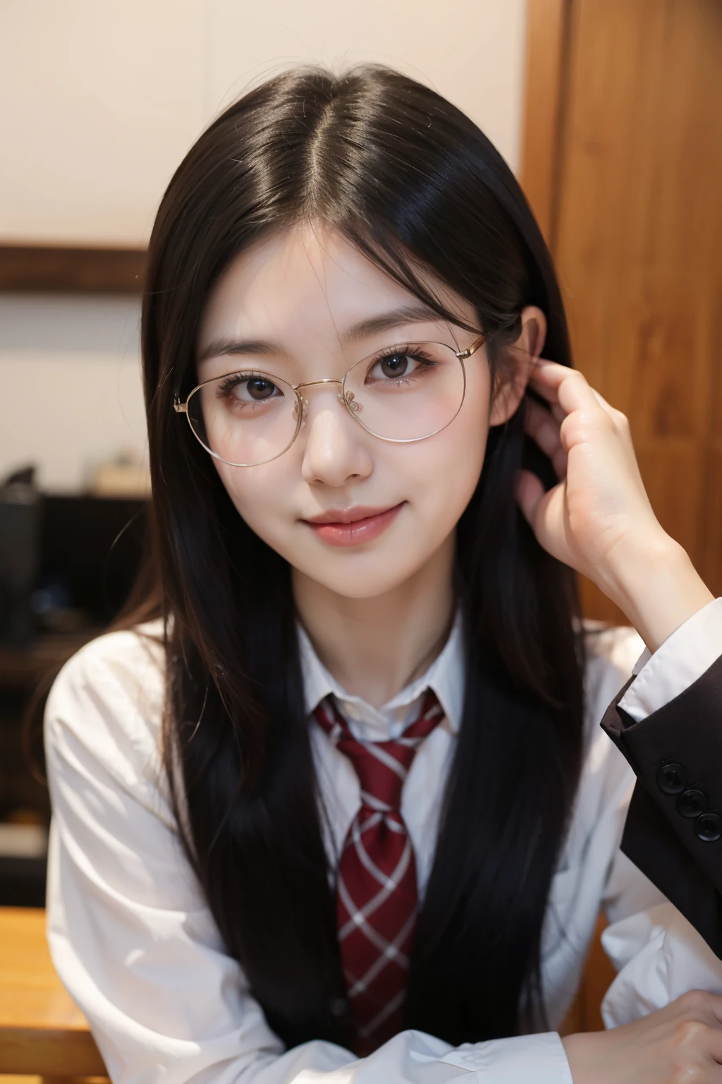 A perfect young female white-collar worker,Chinese,High picture quality,Works of masters,Black hair,Long hair flowing over the shoulders, Wear glasses and a cap, Blured background,outside, deep shadow, Real Human,CG rendering,16k,Stand up,Empty interior,Do not show your hands,Close-up shot