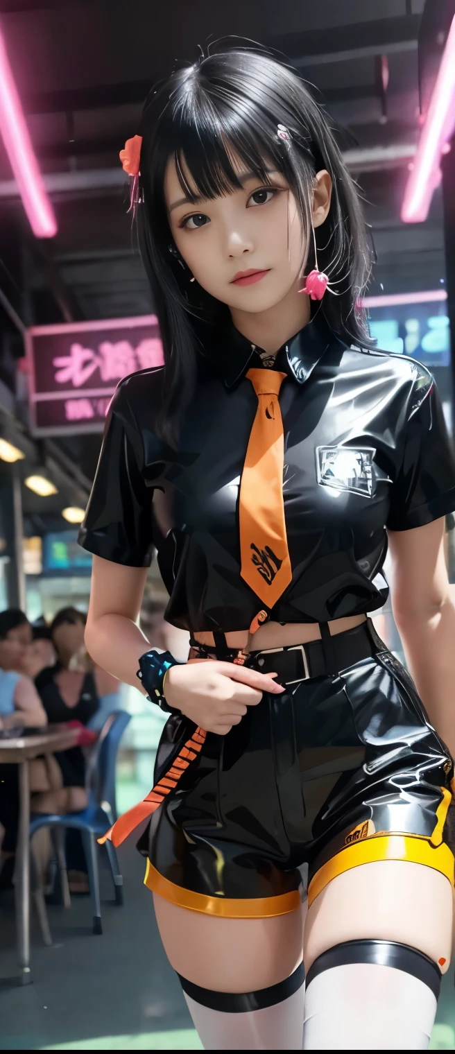 Fancy Idol Girl (colorful black hair )、A pure girl's face、 hypo、fluorescent orange shirt with tie、 White Latex Tight Shorts、Paint Belt 、 colorful tights 、Glowing Punk Town