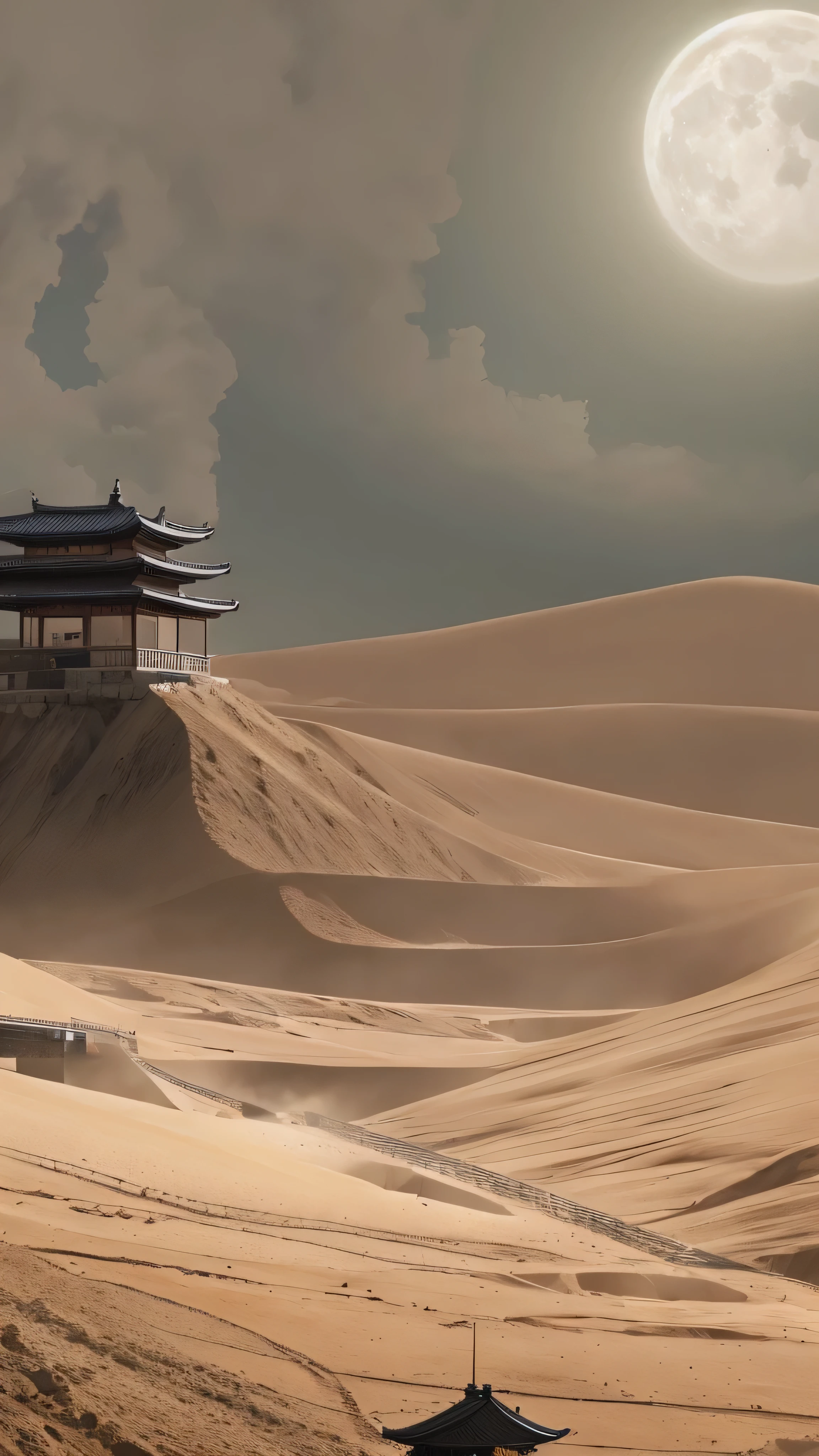 high resolution images , 湾曲した茶色いOn the night of the sandstorm輝く, Dystopian Thriller , (( Masterpiece)) Dramatic Moonlit Night , Beneath Kageyama's Dramatic Valley , On the night of the sandstorm