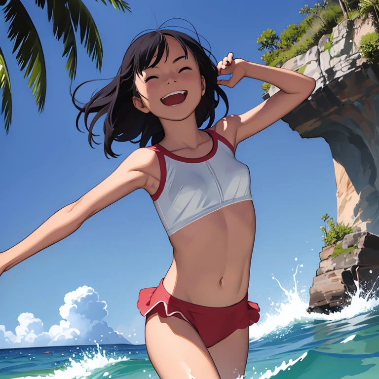 Realistic woman with bikini looking towards the sky in a very expressive pose extended both arms perspective of the feet towards the sky making the sign of love and peace raising the knee and extending the other leg very adventurous with short skirt with short skirt 