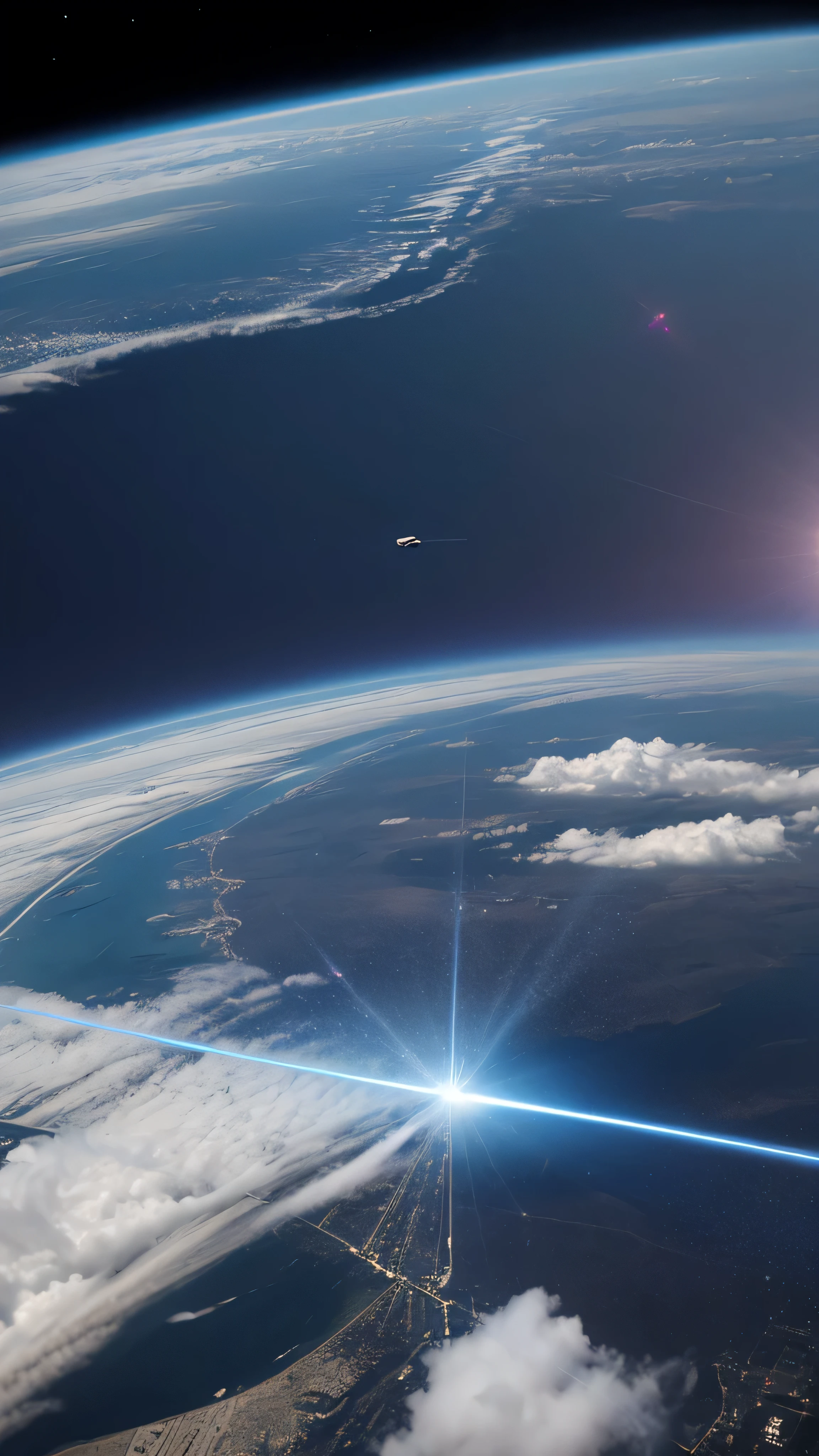 with high definition images, high definition ,4K quality、A single image(Image of laser light ) Clear Blue Skies 、 A single laser beam emitted from space is irradiated in a straight line from top to bottom on the ground、During interception by F14 、 Clouds cutting through the blue sky and lasers stretching 、Destroyed landscape of a fire-breathing city 。 Invasion from space is visible 、 Aerial view of the city 。