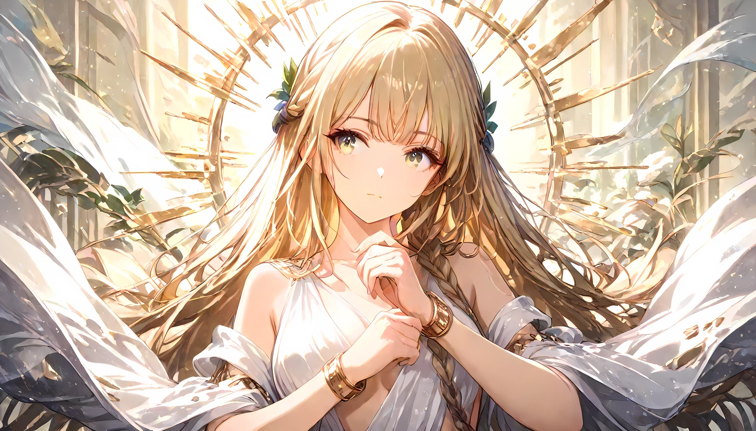((best quality)), ((masterpiece)), (detailed), perfect face, ((Best quality, 8k, Masterpiece: 1.3)), A stunning goddess-like woman from Greek mythology, deep in thought, resting her right hand gently on her cheek. She wears a flowing, traditional peplos, draping elegantly over her body. On her right wrist, a golden bracelet gleams under the soft light. Her golden hair is intricately braided, cascading with rich texture and volume. The scene evokes the beauty and grace of ancient Greece, with a serene and contemplative atmosphere.