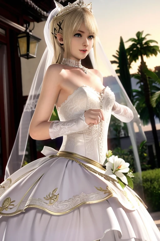 Best, Masterpiece, High Resolution, Best Quality, Ultra HD, Super Detail, Award-Awarded, 16k, Solo, (Upper Body), Anatomically Correct, Beautiful Maiden, Cute Face, Highlights, Gradient Beige Hair, Hair Strands, (((Heterochromia))), Long Eyelashes, Hanging Eye Corners, Fair Skin, (Small), (Slim Body), ((wedding_dress)), Stud Earrings, (Neck Rings), Very, Very Short Gloves