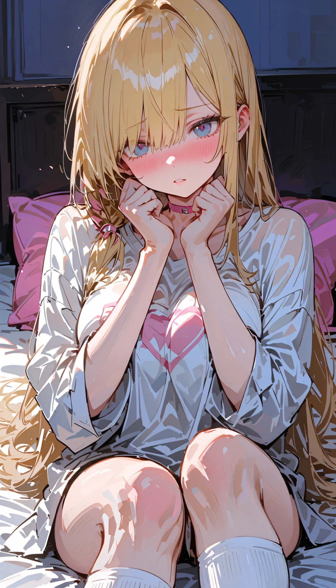 ( top quality), ( more), ( best picture ), (masterpiece), ( A gorgeous adult woman with a perfect body ), (168cm), Pinkish, healthy skin , small head, (Clear sky blue eyes ), Thin lips, (gold hair, hime cut, side ponytail, asymmetrical bangs), (Overfit white shirt , No bottoms, white over the knee socks), V shaped eyebrows, medium big boobs , slender, full-face blush, Shameful face, Pink heart pink choker , ( I'm lying on a bed in a stylish hotel bedroom and covering my eyes with my hands.) , worried.