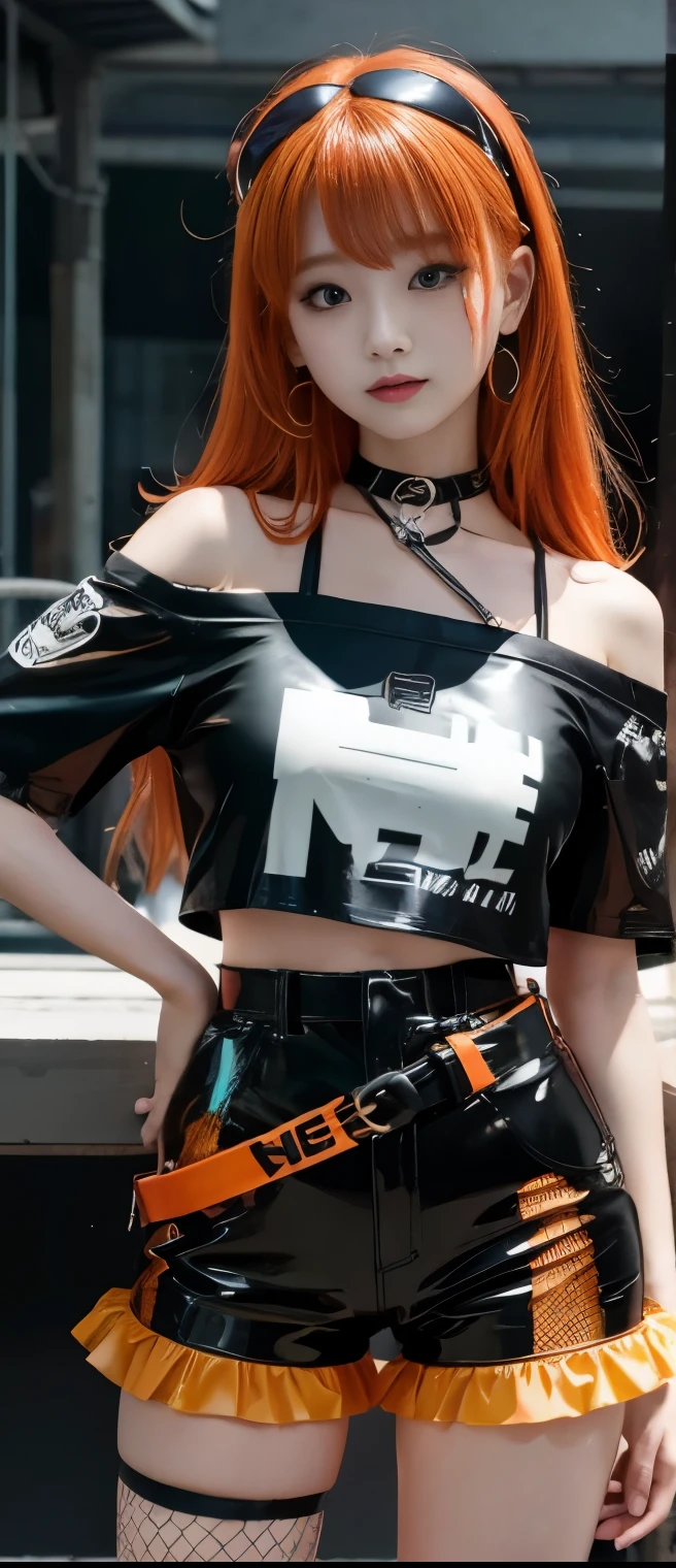 Fancy Idol Girl (Black and Orange Hair )、A pure girl's face、 hypo、 Fluorescent Orange Off Shoulder Shirt、 White Latex Tight Shorts、Paint Belt 、 fishnet、Glowing Punk Town
