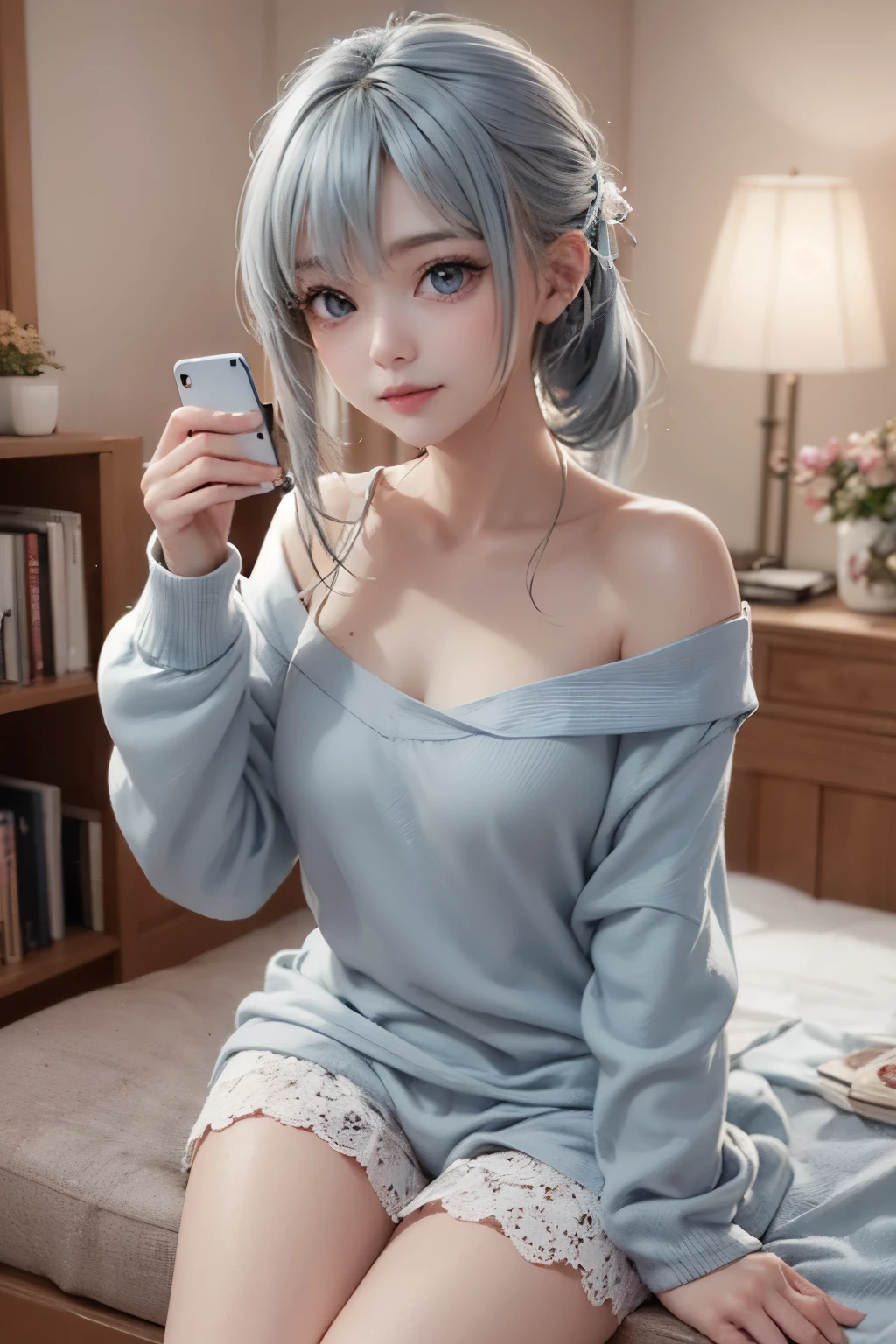A hyper-realistic, ultra-detailed close-up 3D-rendered image of a -year Japae girl named Kanon, taking a cute and casual selfie in her cozy bedroom. She has light blue, silky smooth hair styled into a slightly tousled twin-tail, with a few loose strands falling naturally over her forehead, adding to her relaxed look. Her light blue eyes sparkle softly, reflecting the screen of her smartphone. Her cheeks are slightly flushed, and her lips curve into a playful, gentle smile as she poses for the camera.
She is wearing a comfortable pastel-colored oversized hoodie, slightly slipping off one shoulder, revealing a hint of her delicate collarbone. The fabric is soft and fluffy, with subtle folds adding depth and realism. She also wears simple white shorts, partially visible as she sits comfortably on her bed. One sleeve of the hoodie covers part of her hand, giving a cute, cozy aesthetic.
Her pose is playful and dynamic, as she holds her smartphone in one hand, angling it slightly for the perfect selfie, while her other hand gently touches her cheek in a soft, endearing pose. She is tilting her head slightly, adding a natural and charming touch to the composition.
The background features a warm, softly lit bedroom, with fairy lights draped along the walls, casting a gentle glow. A plush pillow and pastel-colored blankets are scattered on her bed, enhancing the cozy ambiance. On a nearby desk, a cup of warm cocoa with steam rising sits beside a small stack of books and a potted plant, adding to the homey feel. The smartphone screen softly illuminates her face, creating a subtle, realistic lighting effect.